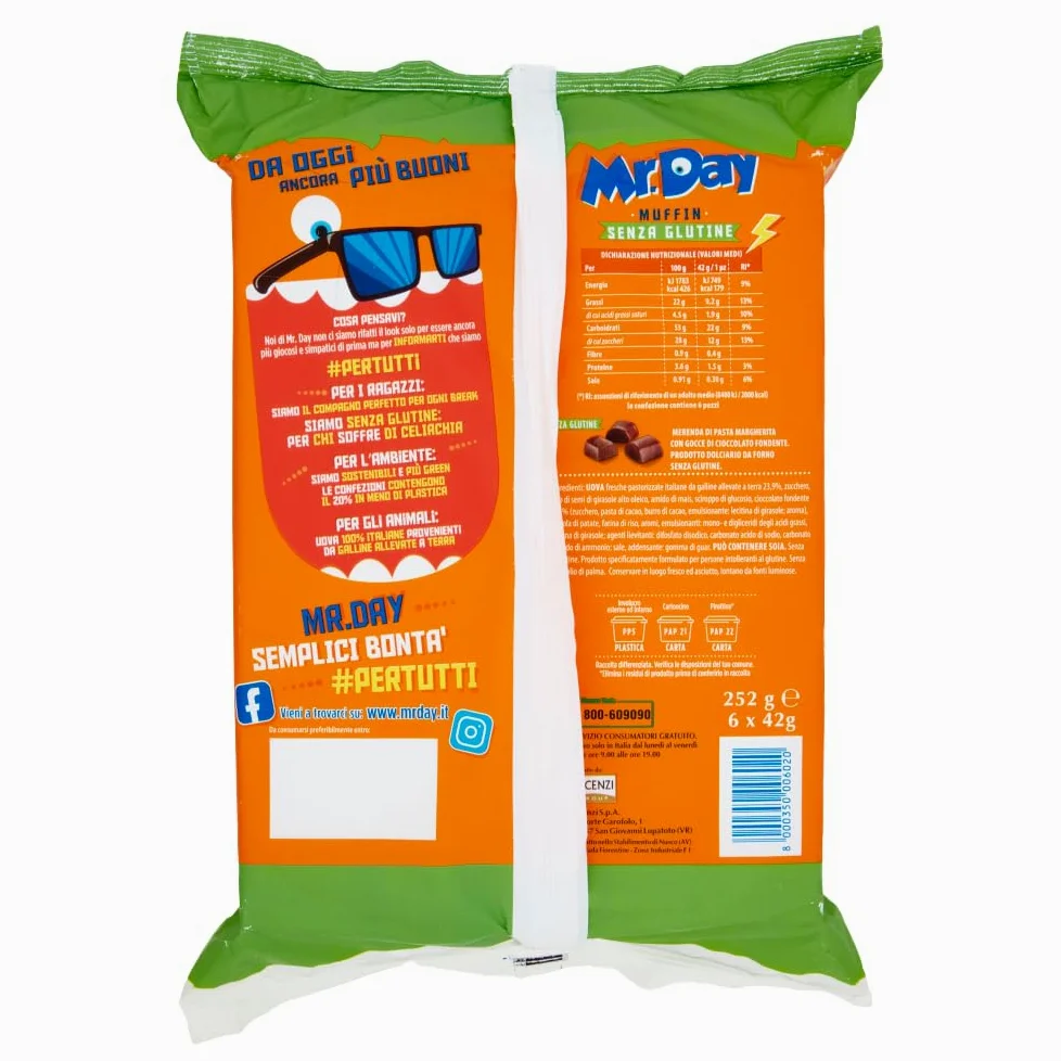 Mr. Day Muffin con Pepite di Cioccolato Fondente, Senza Glutine (Gluten Free) 252g [BOX da 6 Confezioni]