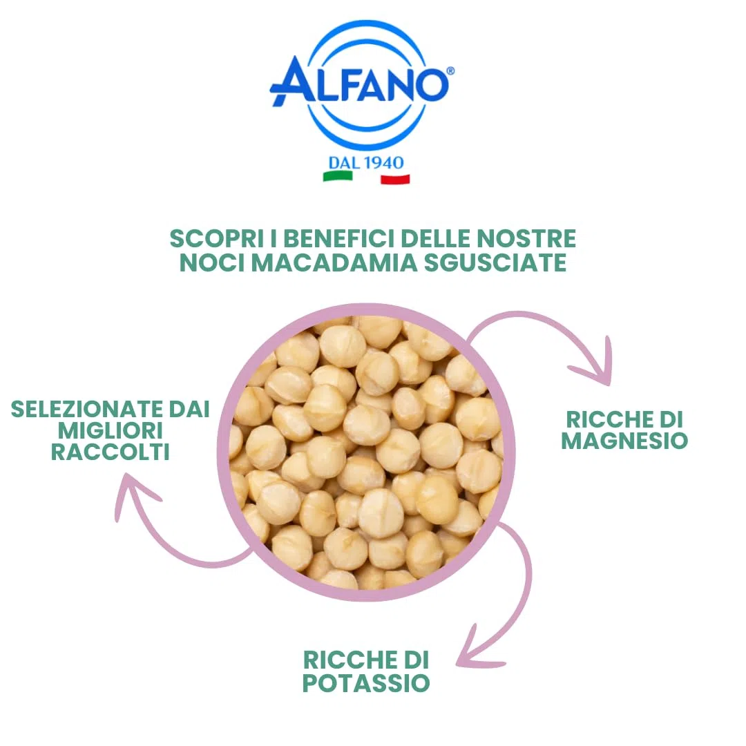 Alfano dal 1940 Noci Macadamia Sgusciate 100g Frutta Secca Ricca di Magnesio e Fonte di Potassio Snack Ideale per una Dieta Equilibrata e Vegana (4 Pezzi)