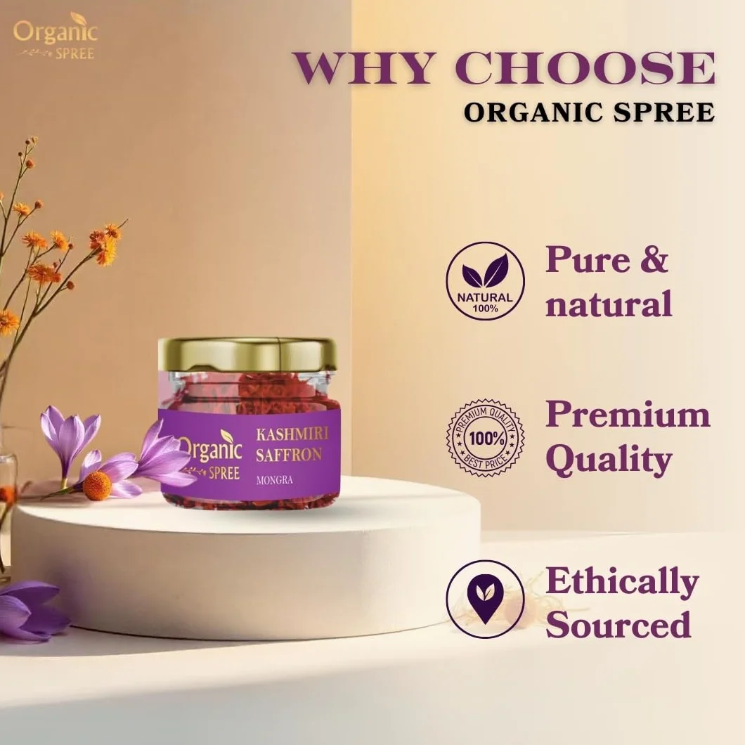 Zafferano Kesar Saffron del Kashmir biologico Spree 1 g (0,035 once) in fili puri e naturali l Dai migliori terreni agricoli di Pampore, zafferano Mongra certificato J&K di grado A+