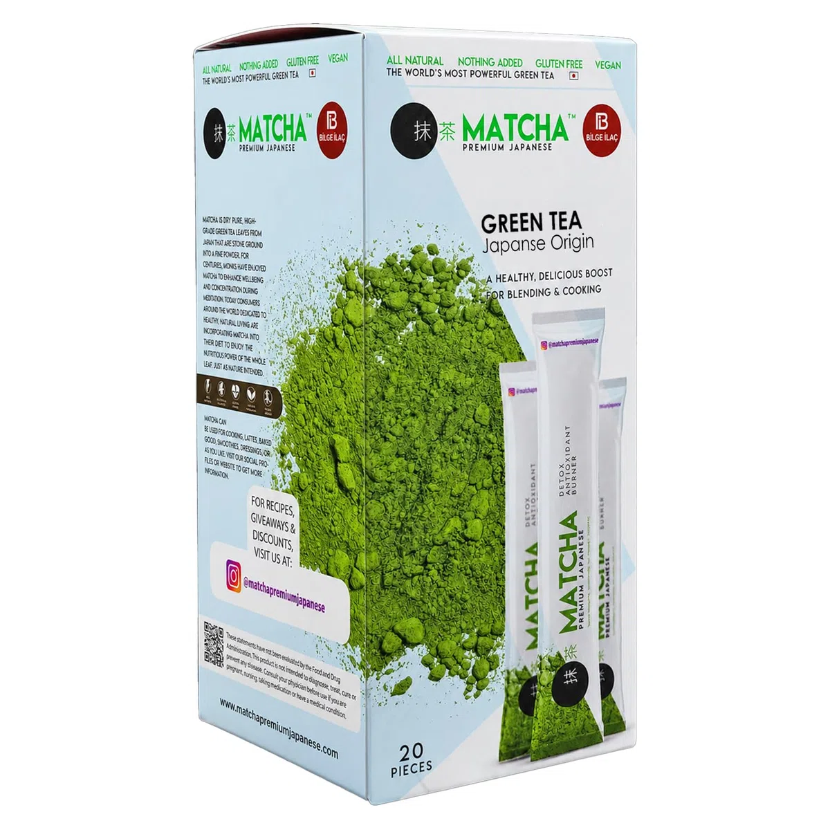 Tè Matcha – Tè verde – Tè alla spirulina e aroma di fragola – 20 pezzi Estratto di tè verde, estratto di spirulina, estratto di cehri, PREMIUM GIAPPONESE