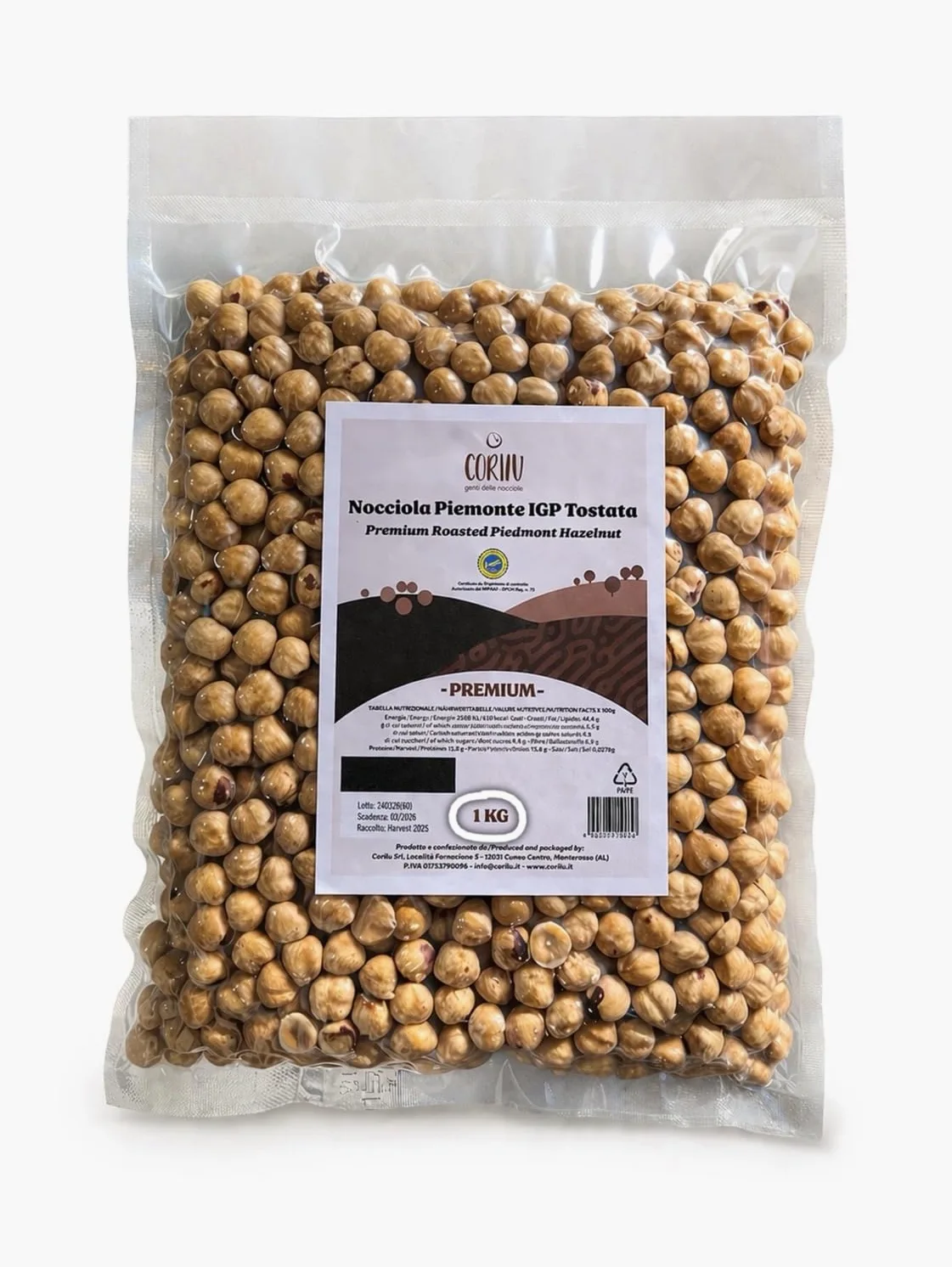 Corilu Nocciole Tostate Intere Piemonte IGP - Frutta Secca Snack Fonte di Fibre, Vitamine ed Antiossidanti - PREMIUM Nocciole Piemonte Igp Sgusciate Sacchetto Sottovuoto 1 kg