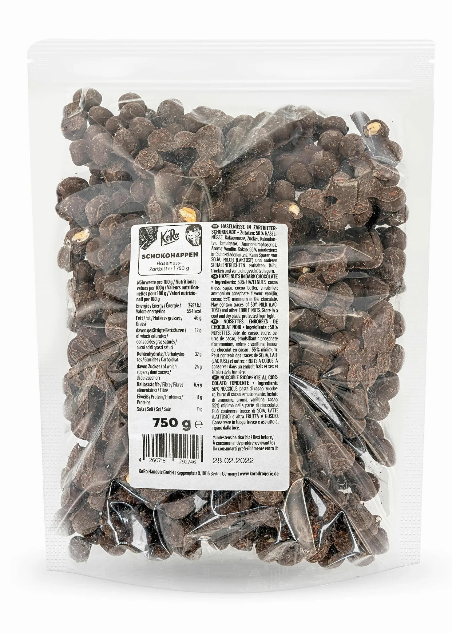 KoRo - Bocconcini di cioccolato fondente e nocciole 750 g - Da gustare come snack o da regalare – Vegetariano – Confezione risparmio da 750 g