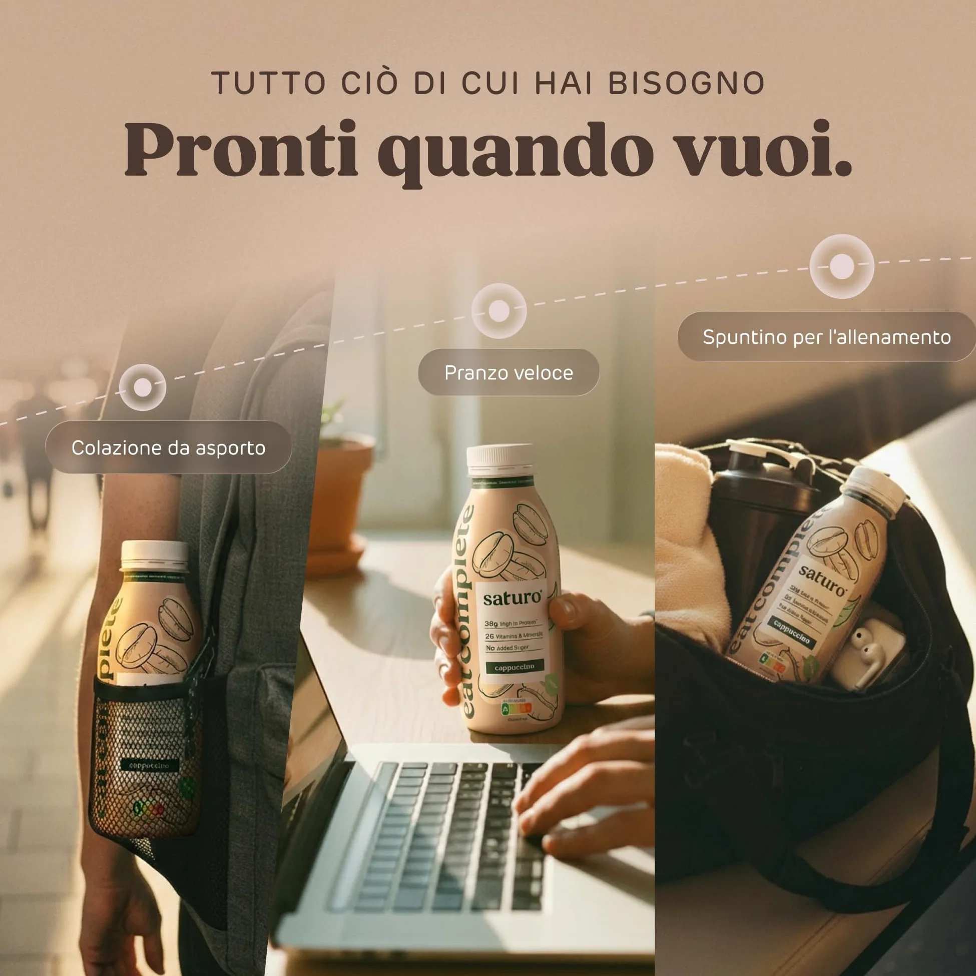 Saturo Pasto Sostitutivo Frullato Gusto Cappuccino | 36 g di proteine & senza zucchero | 400 kcal | Vegano | Pasto Bevibile con Nutrienti Essenziali | 6 x 400 ml
