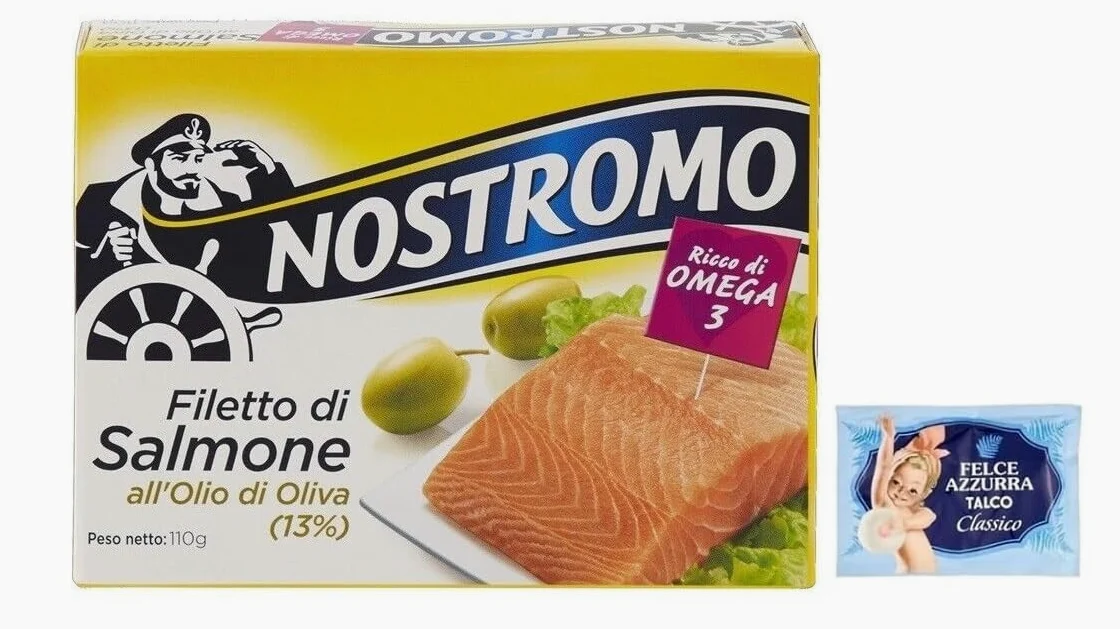 5x Nostromo Filetto di Salmone Olio di Oliva,Pesce in Scatola,Lattina da 110g + 1 Confezione di Talco Felce Azzurra in omaggio, Busta da 100g