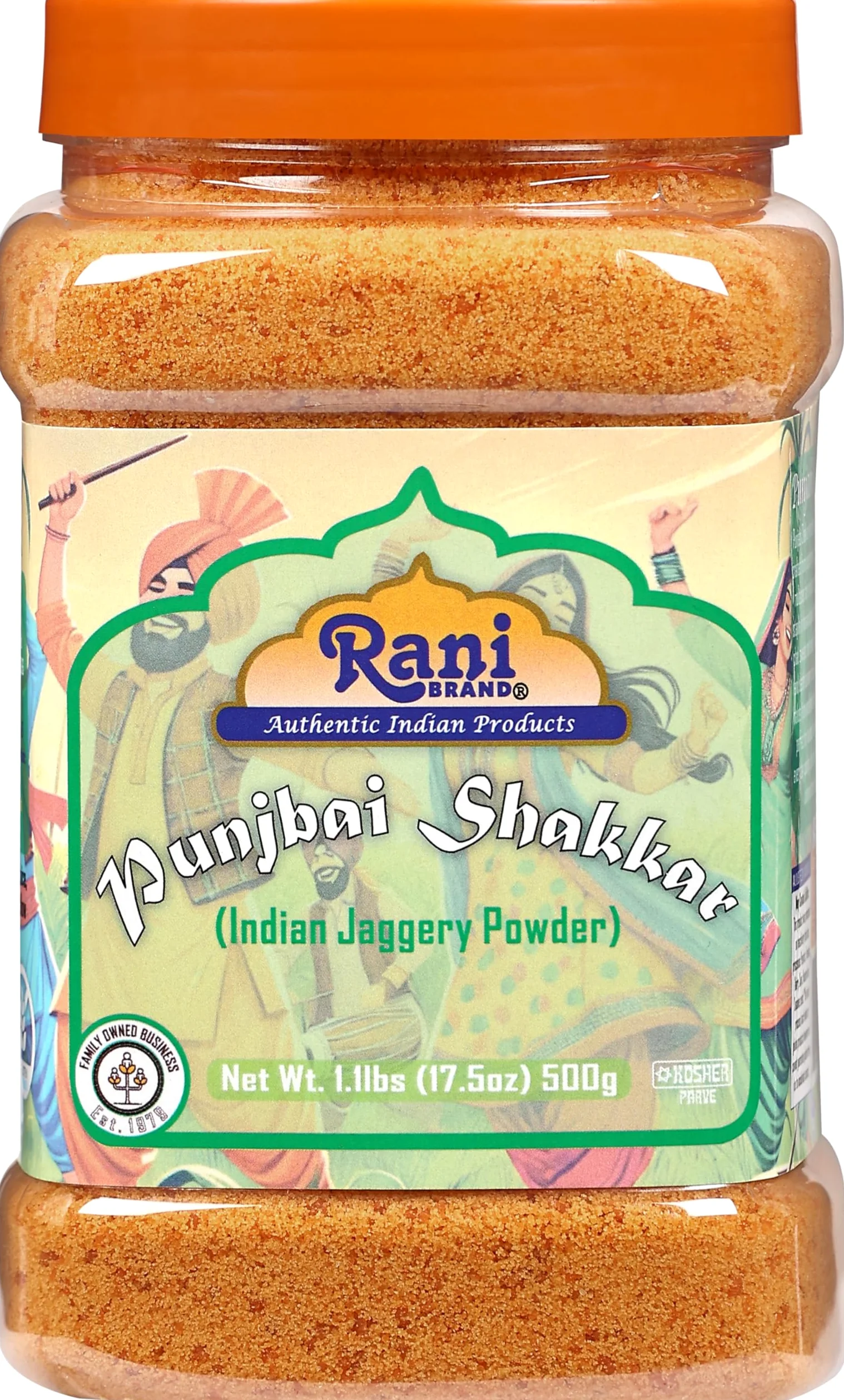 Rani Punjabi Shakkar (Polvere di Gur Jaggery) Zucchero di Canna Grezzo Indiano 17.5oz (1.1lbs) 500g Vaso in PET ~ Glutine Amichevole | Vegano | NON OGM | Senza Sale o Riempitivi | Prodotto Indiano