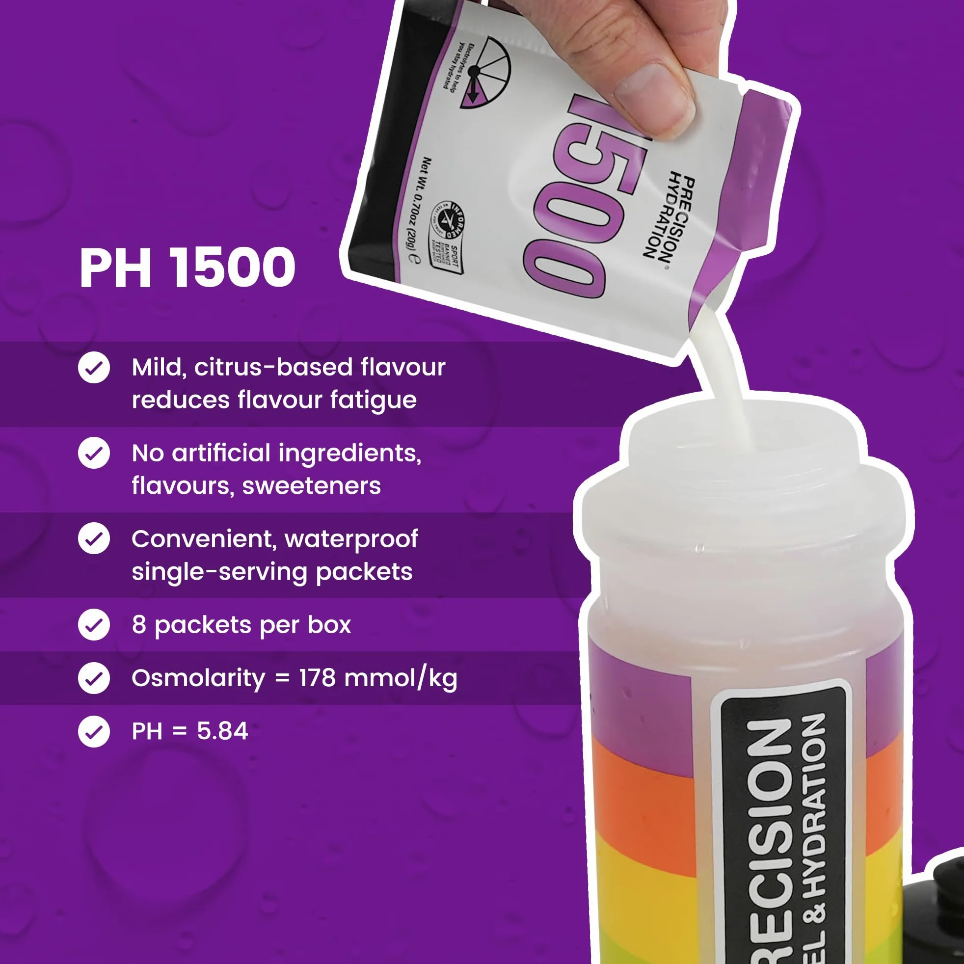 Precision Hydration Miscela Elettrolitica - Senza ingredienti artificiali, Polveri elettrolitiche a diversa concentrazione - Porzioni individuali impermeabili (Pack of 80, 1500mg/L - Viola)