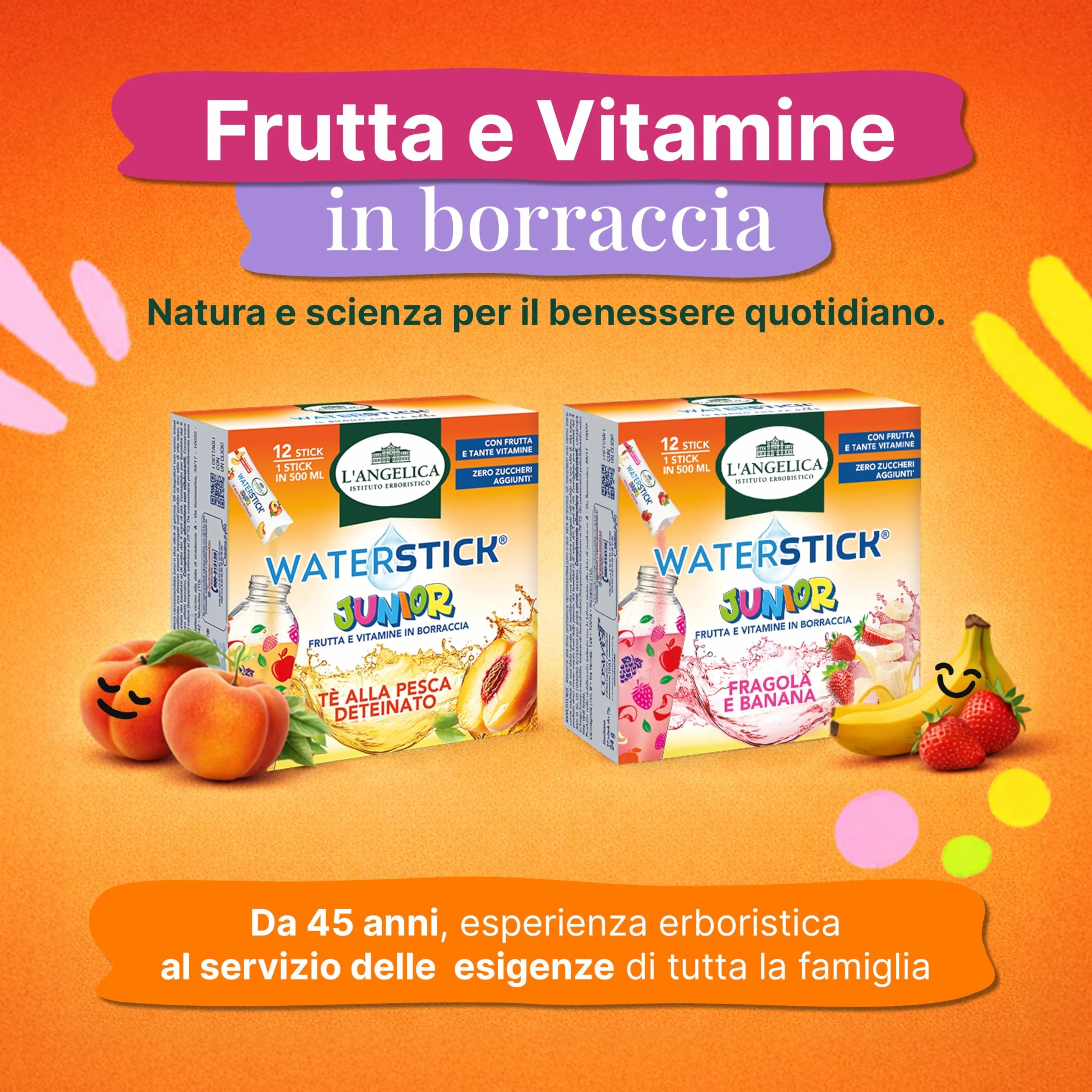 L'Angelica, Waterstick Junior, Gusto Tè alla Pesca Deteinato, Con Frutta, Vitamine, Zero Zuccheri Aggiunti, 6 Astucci da 12 Stick