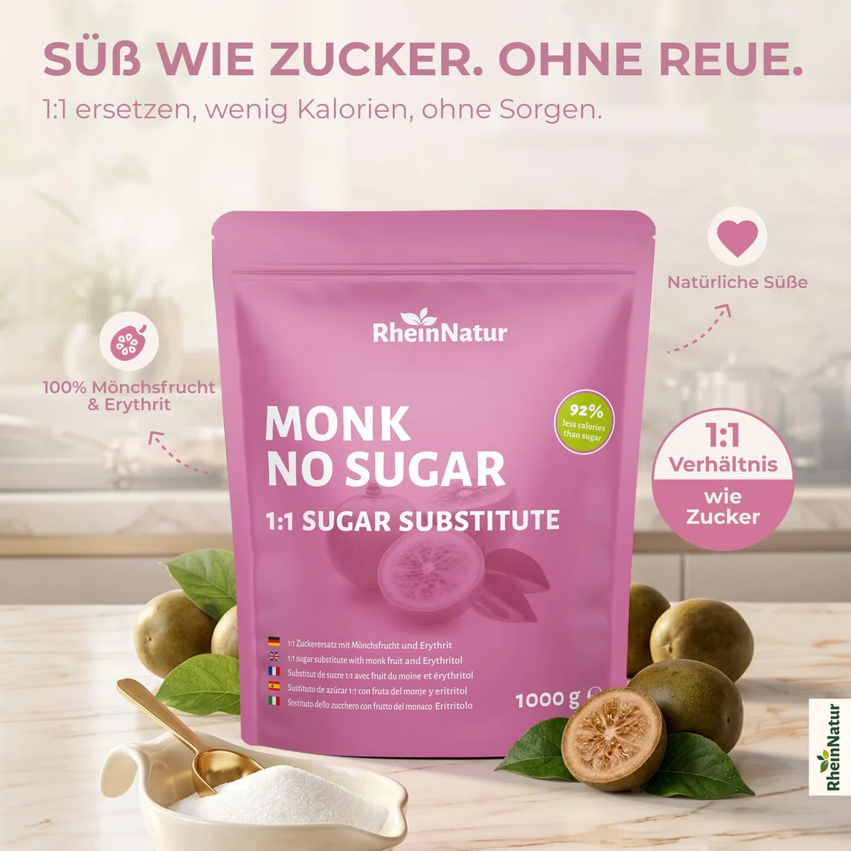 RheinNatur Sostituto dello zucchero a base di frutto del monaco 1 kg - Sostituto 1:1 dello zucchero a base di frutto del monaco ed eritritolo - Confezione da 1000 g