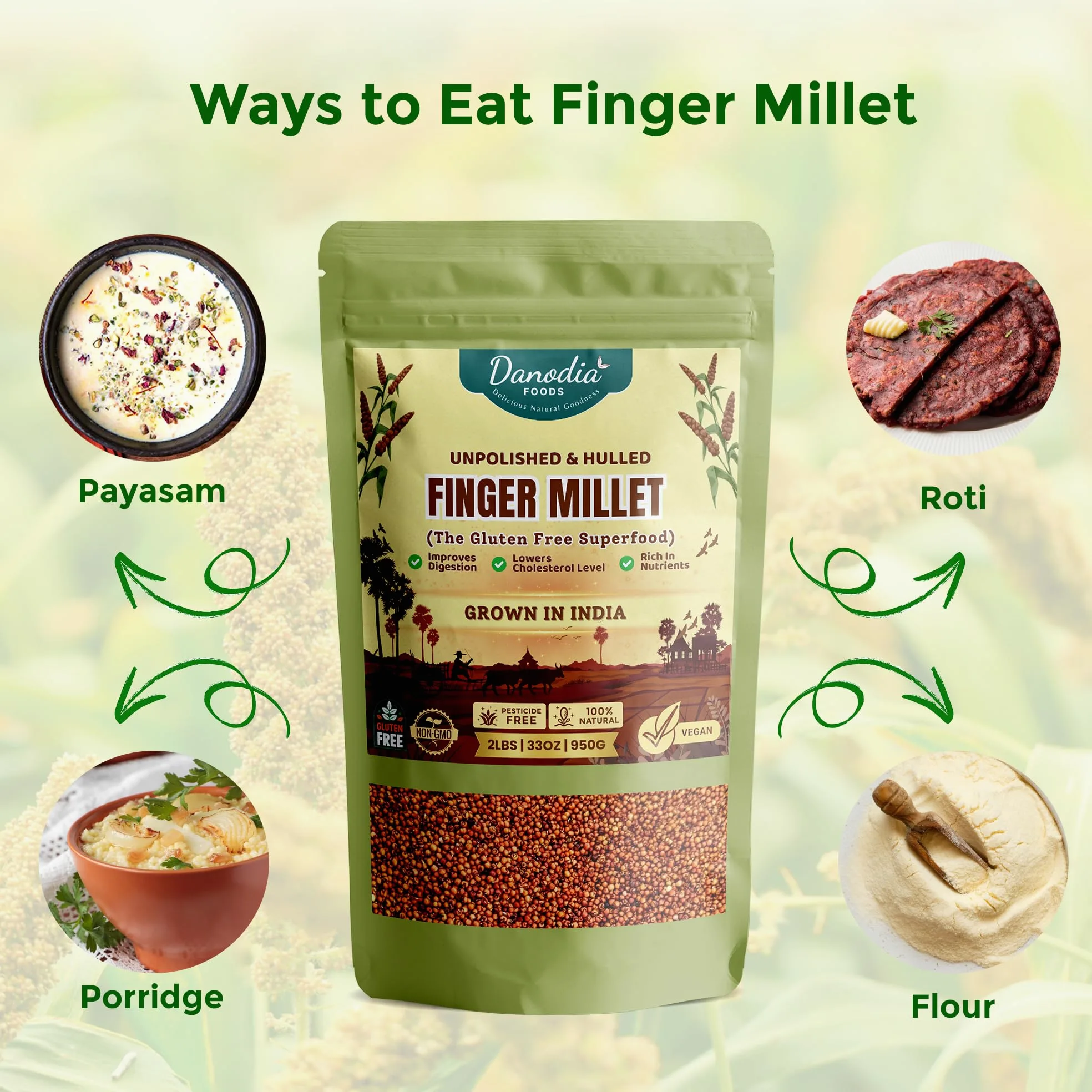 Danodia Foods Miglio Indiano Finger Millet/Ragi (2lbs | 950g | 33oz) | Miglio Rosso Decorticato Integrale, Non Lavorato, Senza Glutine, Superfood a Chicco Intero (Scansiona il QR per nuove ricette)