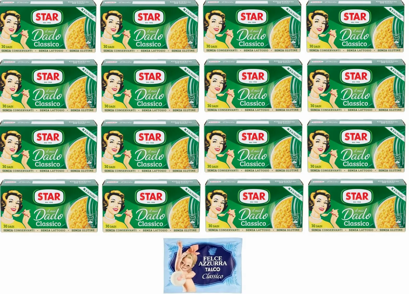 Confezione da 16 Star Il Mio Dado Classico, Preparato per brodo, scatole da 30 dadi + 1 Confezione di Talco Felce Azzurra in omaggio, Busta da 100g