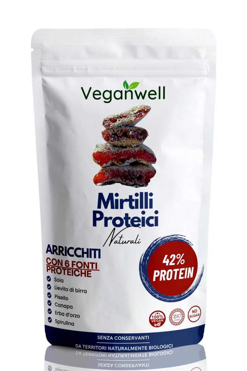 Veganwell Mirtilli Rossi Proteici Senza Zucchero - Deliziosa Frutta Secca e Snack Proteici - Ricco di Antiossidanti, Vitamine e Proteine per la Tua Salute - Ottima Carica di Energia Quotidiana, 500g