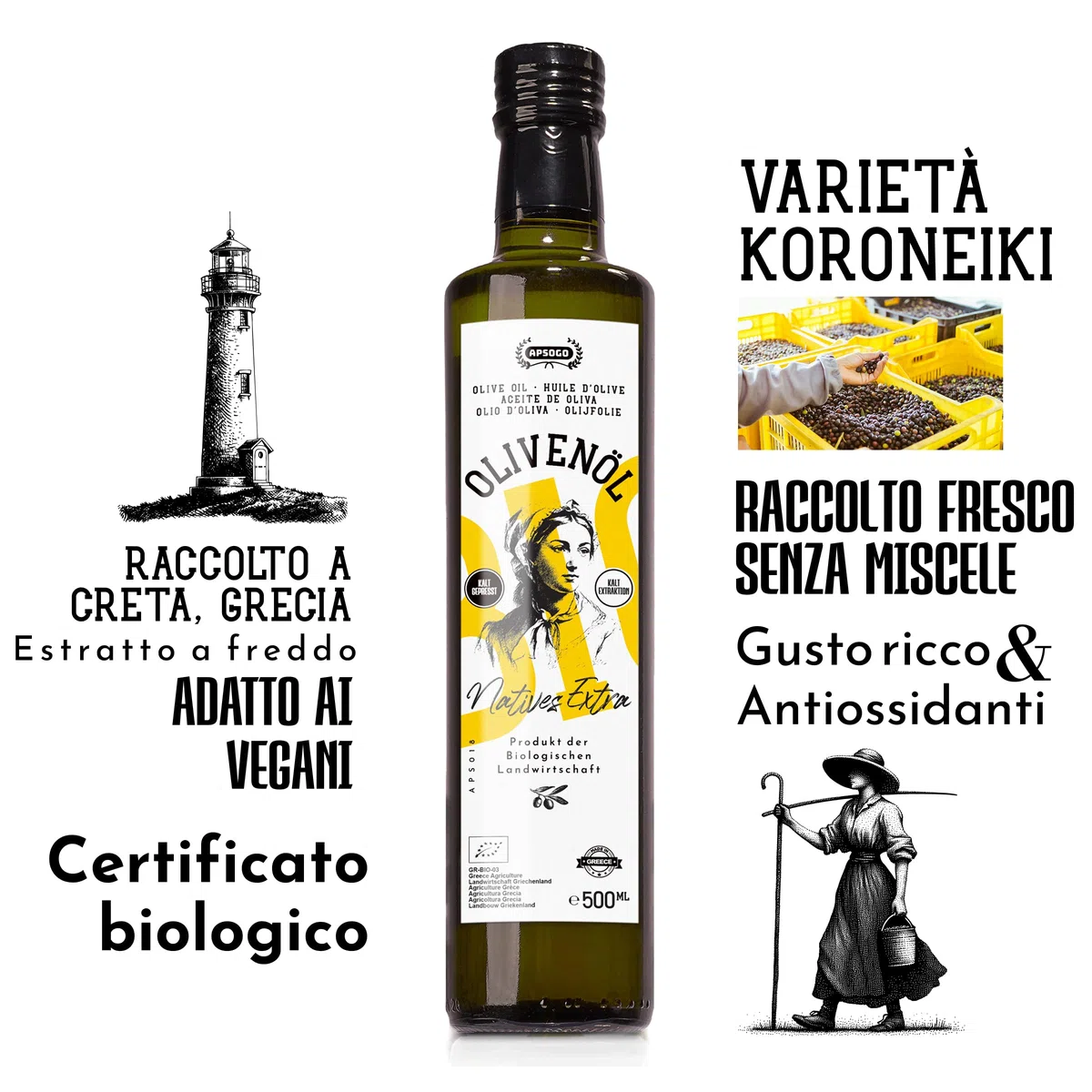 Apsogo Olio Extra Vergine di Oliva Biologico – EVOO Greco ad Alto Contenuto di Polifenoli da Creta (500ml) – Spremuto a Freddo, Raccolta Precoce, Qualità Premium