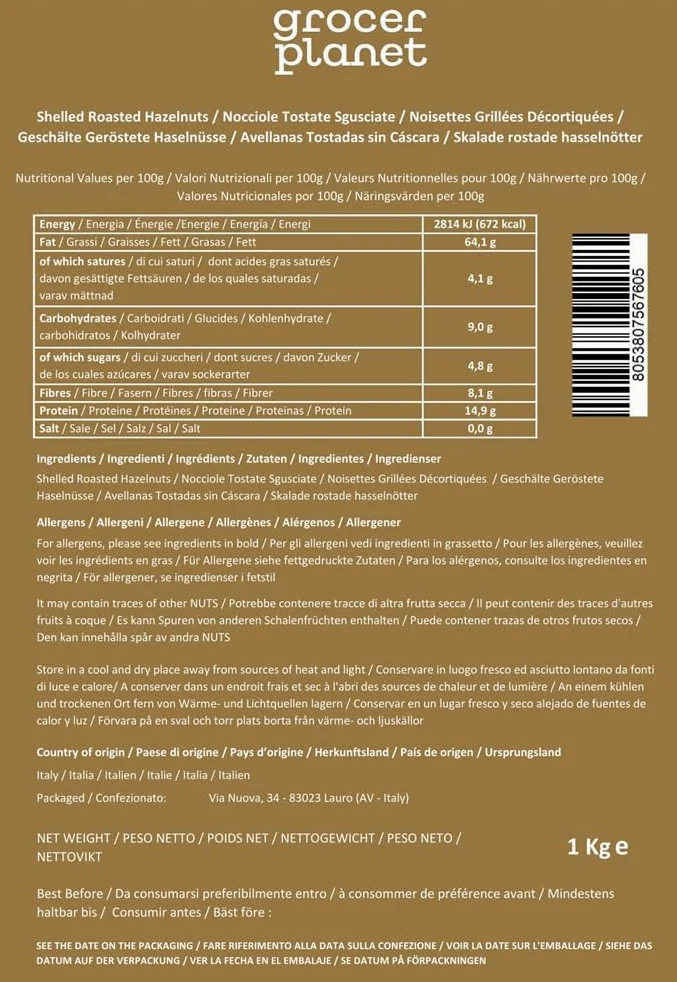 Grocer Planet - Nocciole Tostate Sgusciate Naturali (1Kg) | Non Salate | Origine Campania