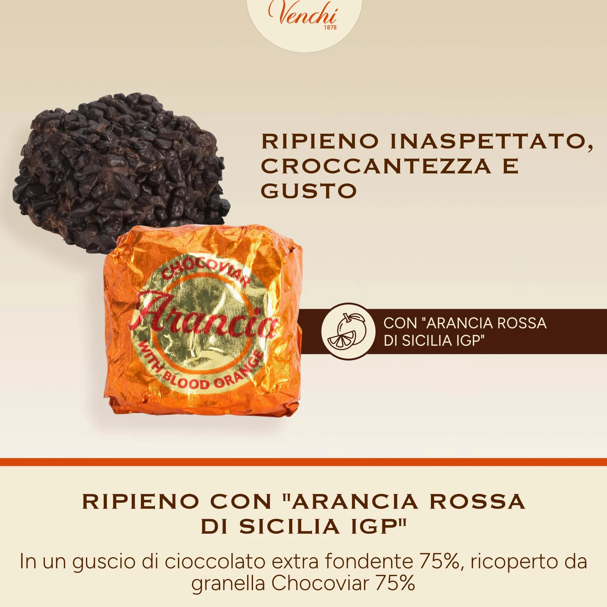 Venchi - Chocoviar Arancia - Cioccolatino Extra Fondente con Ripieno all'Arancia Rossa, 1 kg - Senza Glutine - Vegano
