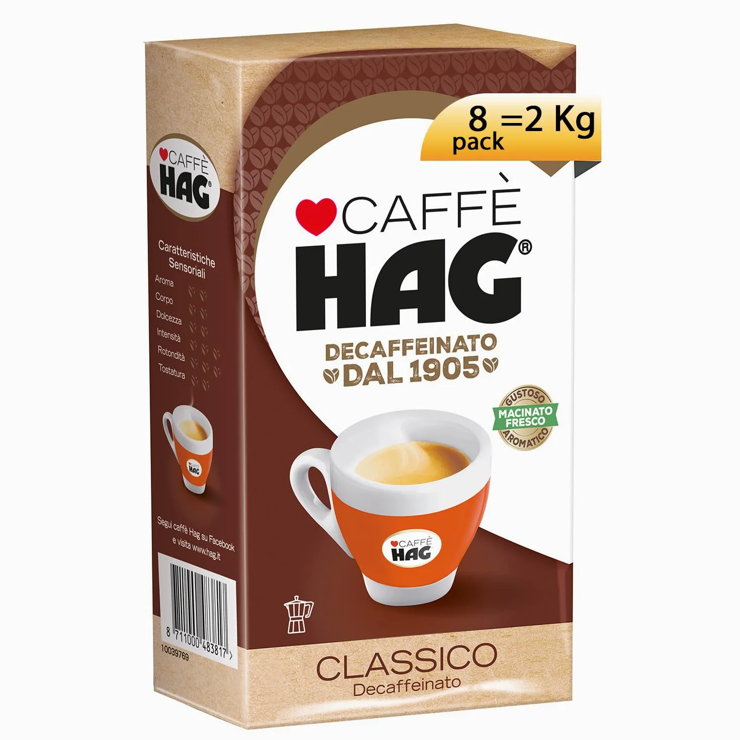 Hag - Caffè Macinato Decaffeinato Gusto Classico Macinato Fresco - Chicchi Pregiati di Arabica e Robusta - Contiene 8 confezioni da 250 gr (totale 2 kg)
