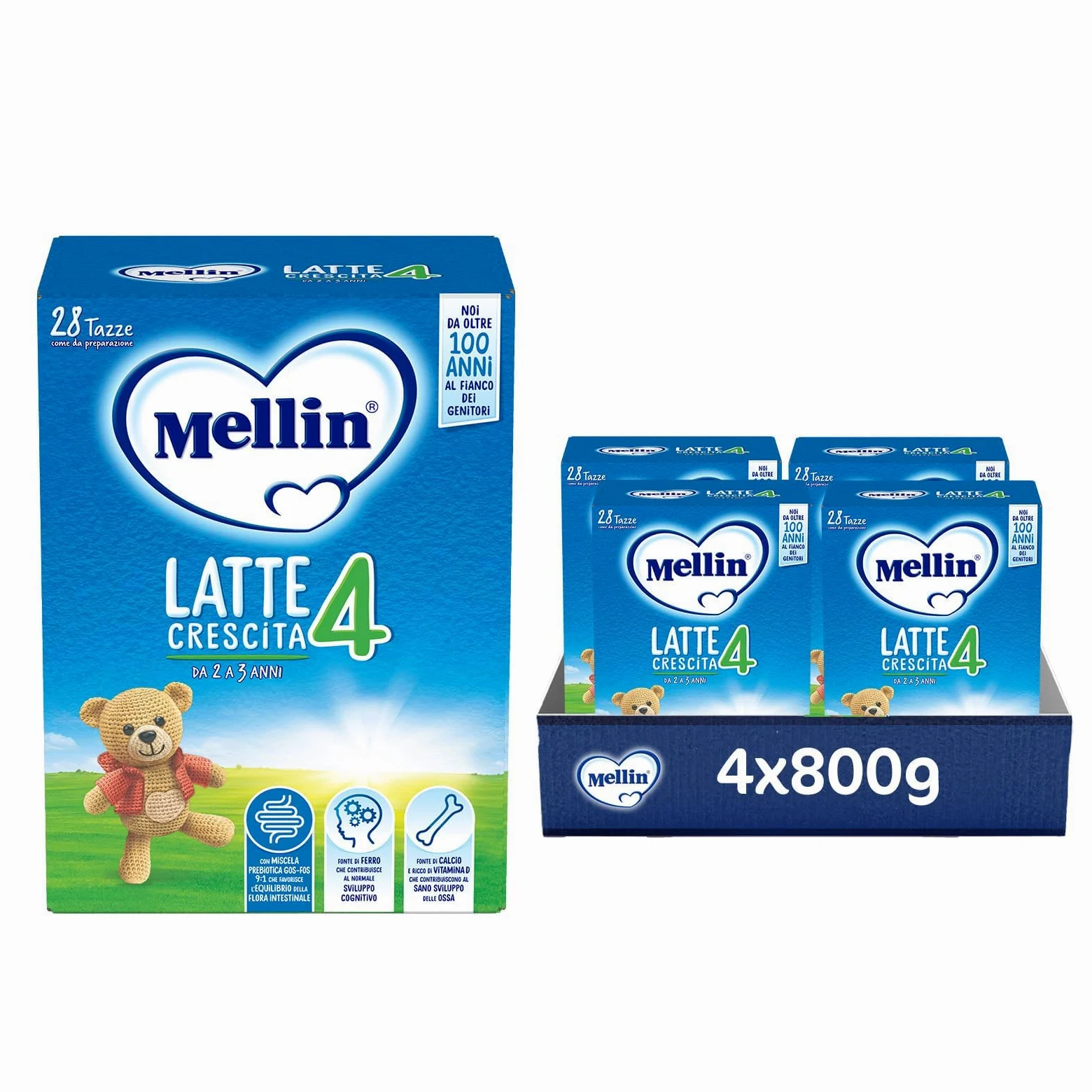 MELLIN 4 - Latte di Crescitain Polvere per Bambini - dal 2° al 3° anno - Confezione da 3200 grammi (4 pezzi da 800g)
