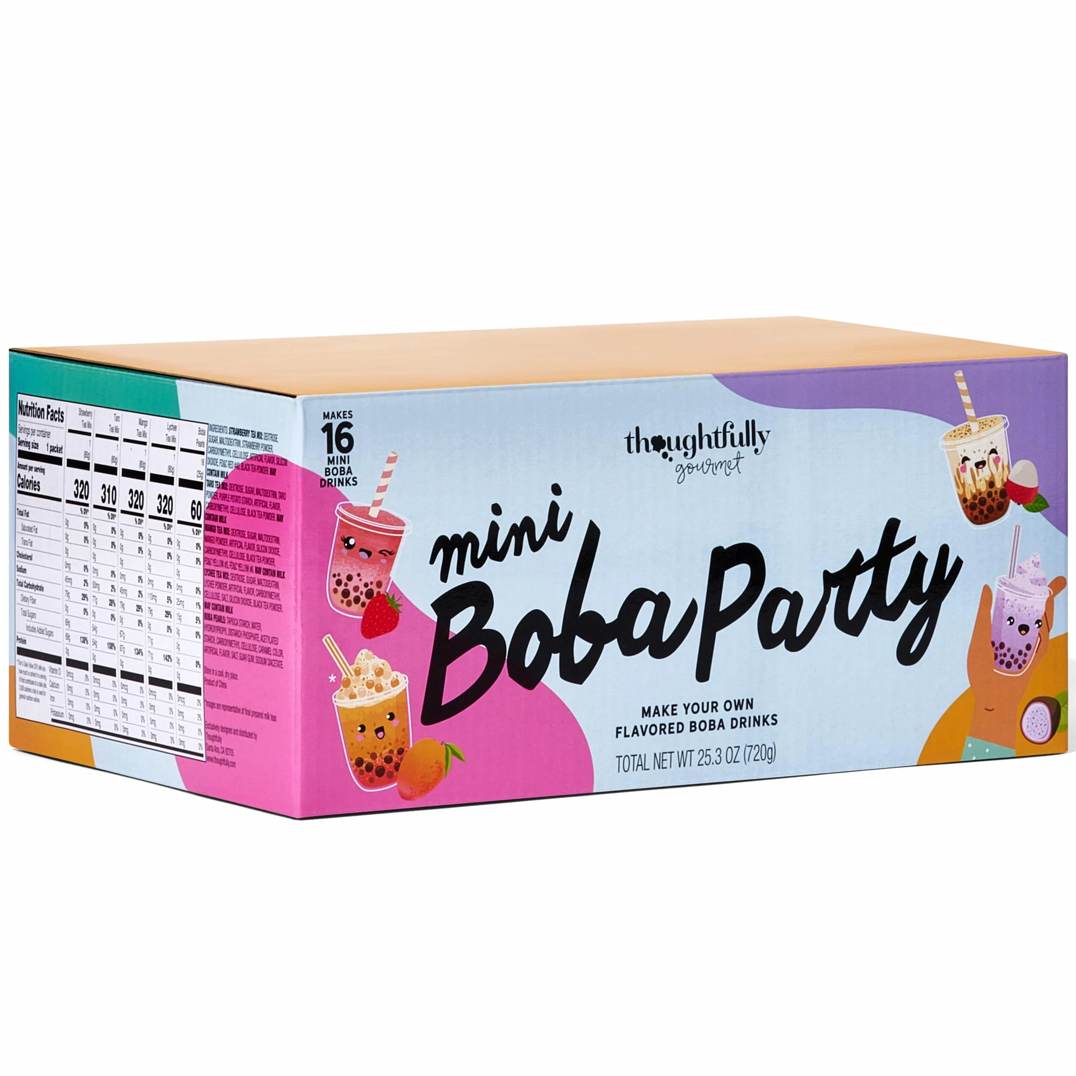 Thoughtfully Gourmet, Mini Boba Party Set, per 16 porzioni di Bubble Tea, con 4 gusti, perline Boba, tazze, coperchi e cannucce
