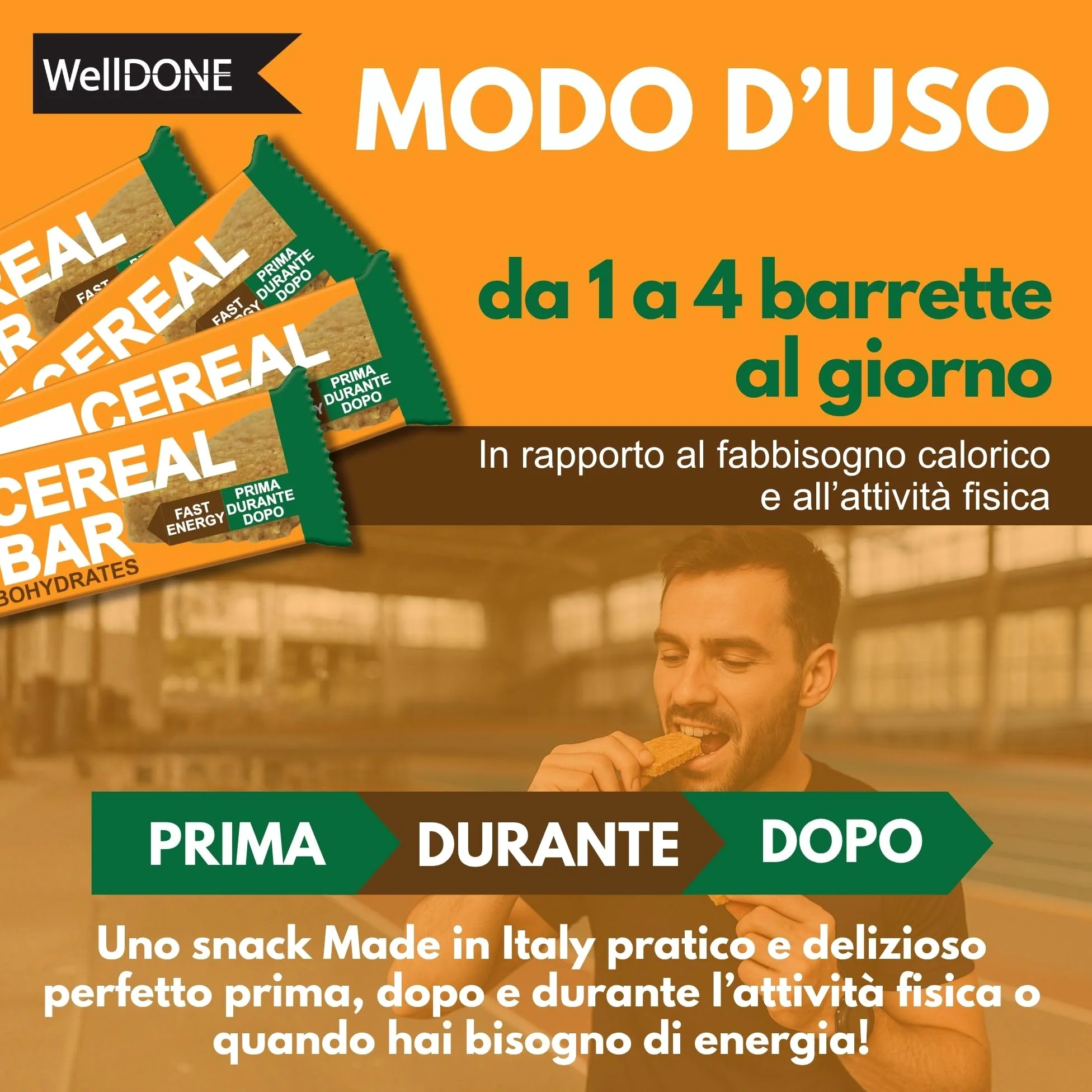 WellDONE, Cereal Crunch Bar Gusto Miele, Barrette Energetiche Made in Italy, Alto Contenuto di Carboidrati, Snack Goloso Anche per Intolleranti al Lattosio, 30 Barrette da 40g