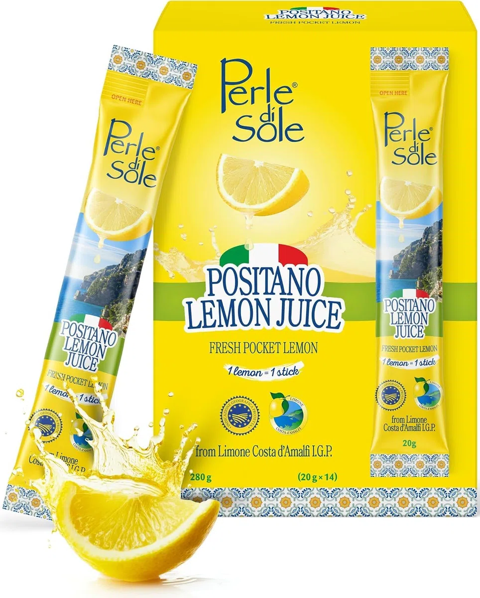 Perle di Sole – Positano Lemon Juice in Stick, 14 Astucci da 20 ml – Vero Succo di Limone Costa d’Amalfi I.G.P. 100% Italiano – Pratico e Naturale, Made in Italy