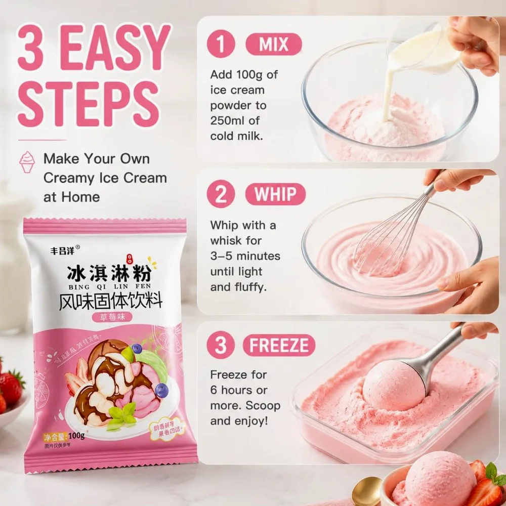 Miscela Di Gelato In Polvere A 6 Gusti - Base For Dessert Fatto In Casa Fai Da Te For Dolci E Negozi, Confezione 100 G (fragola, Mirtillo, Matcha, Cioccolato, Taro, Originale)
