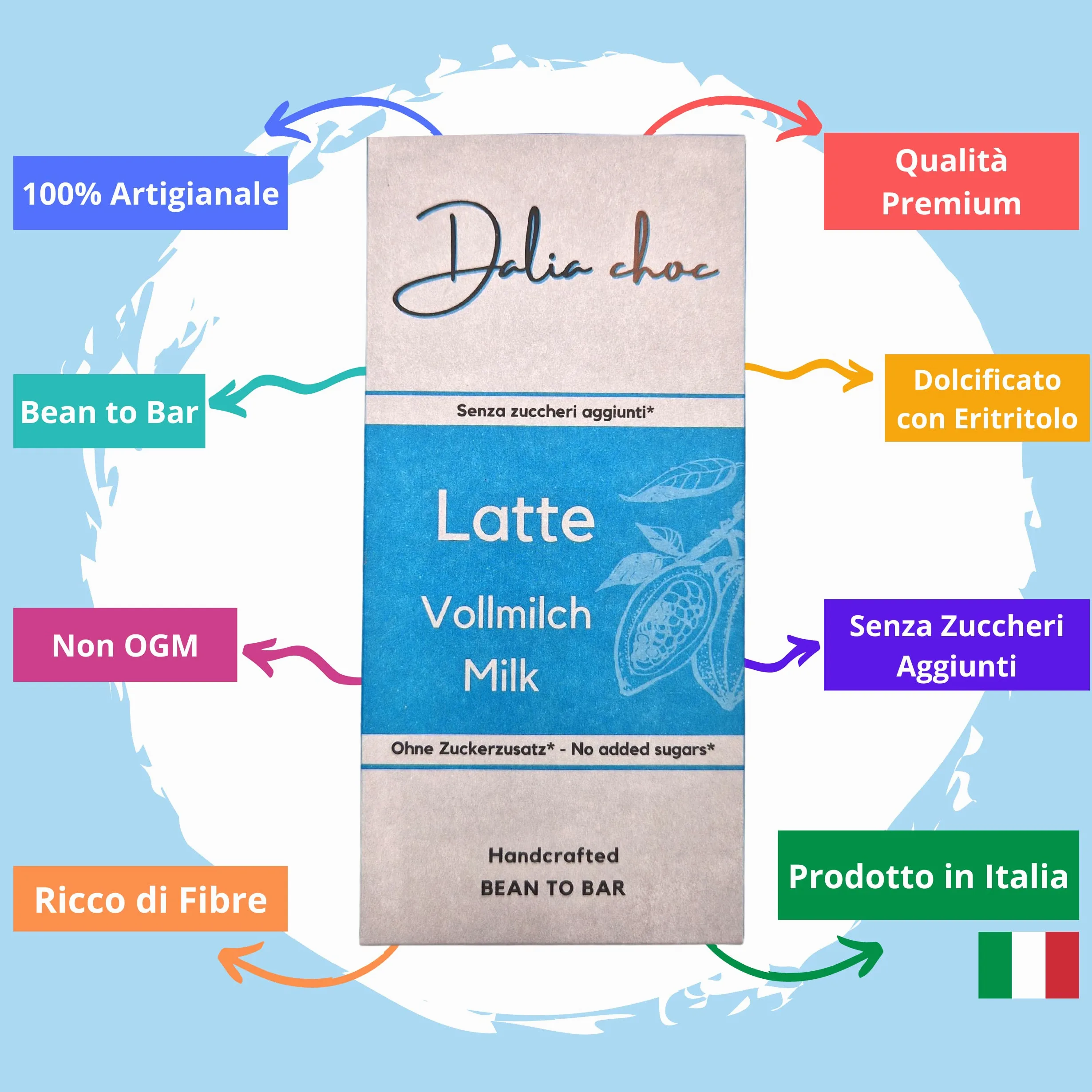 Dalia Choc - Tavolette di cioccolato PREMIUM - 10 Pezzi | Senza Aggiunta di Zuccheri | Prodotto in ITALIA | BEAN TO BAR - LATTE