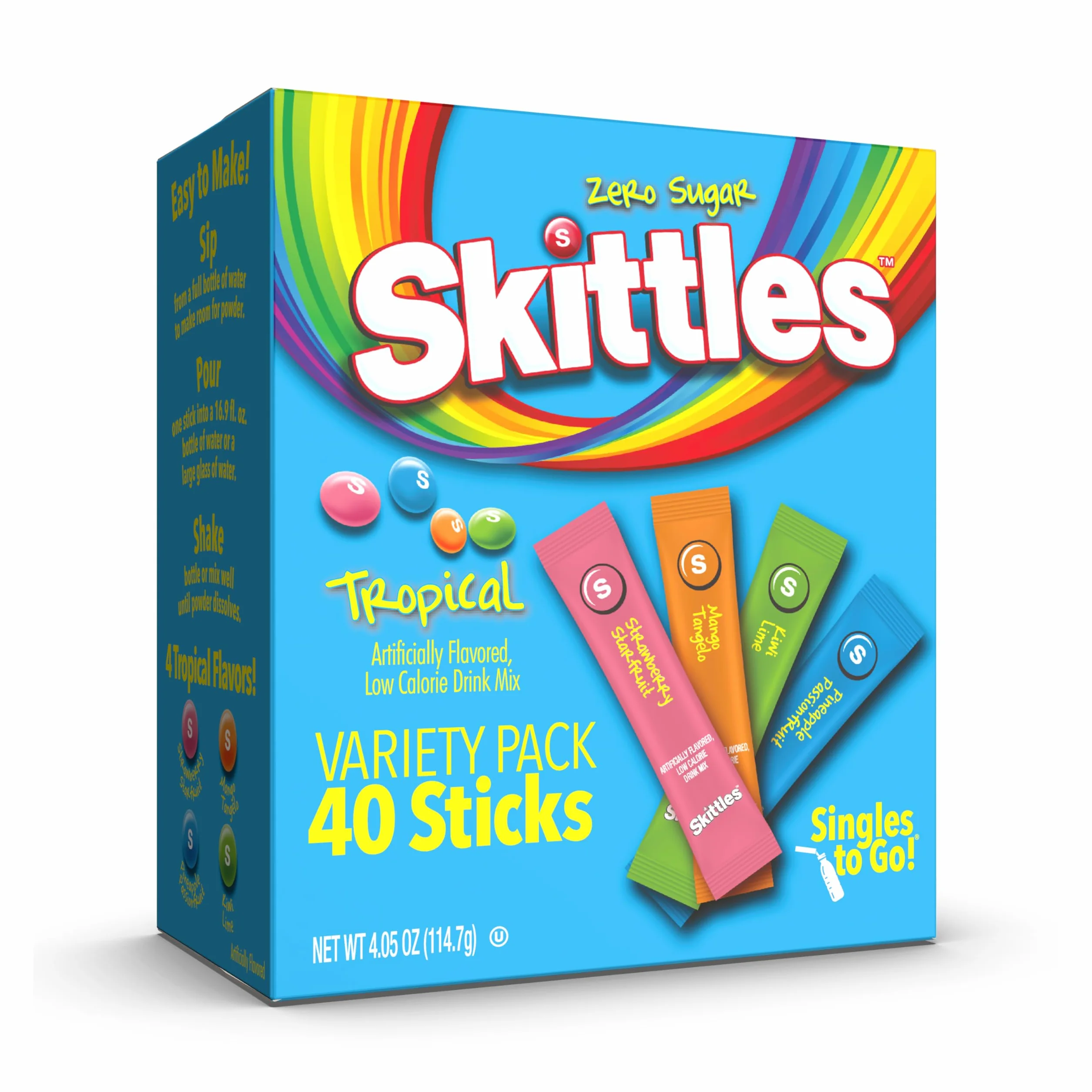 Skittles Singles To Go - Confezione assortita di sapori tropicali, 40 pezzi, mix di bevande in polvere, zero zucchero, basso contenuto calorico, include 4 gusti: