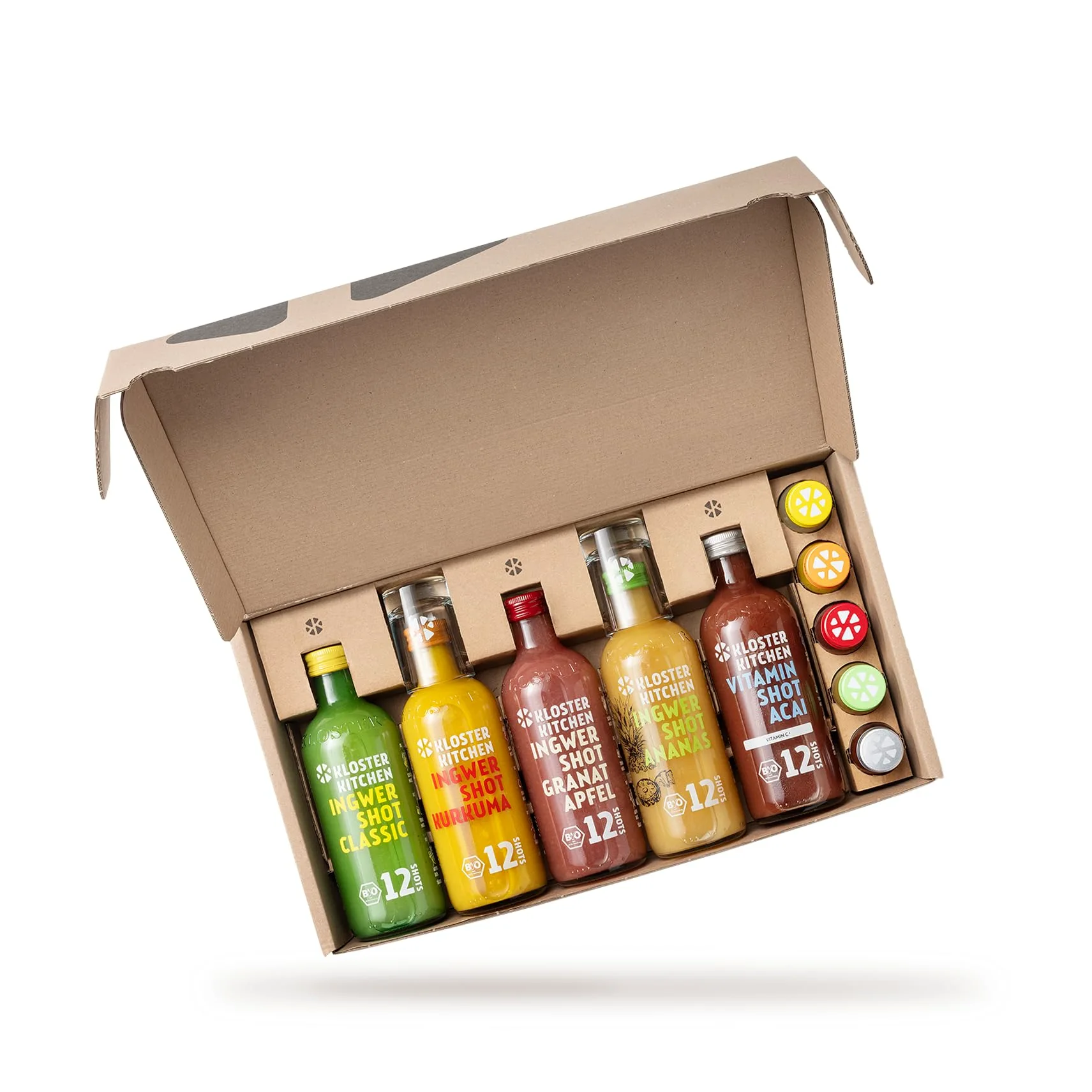 Kloster Kitchen Organic Ginger Shot Tasting Set L I 5 gusti 5x 360 ml + 5x 30 ml I Set regalo Ginger Shot vegan I dolce e piccante & con dolcezza naturale (incl. 1,25€ di deposito)