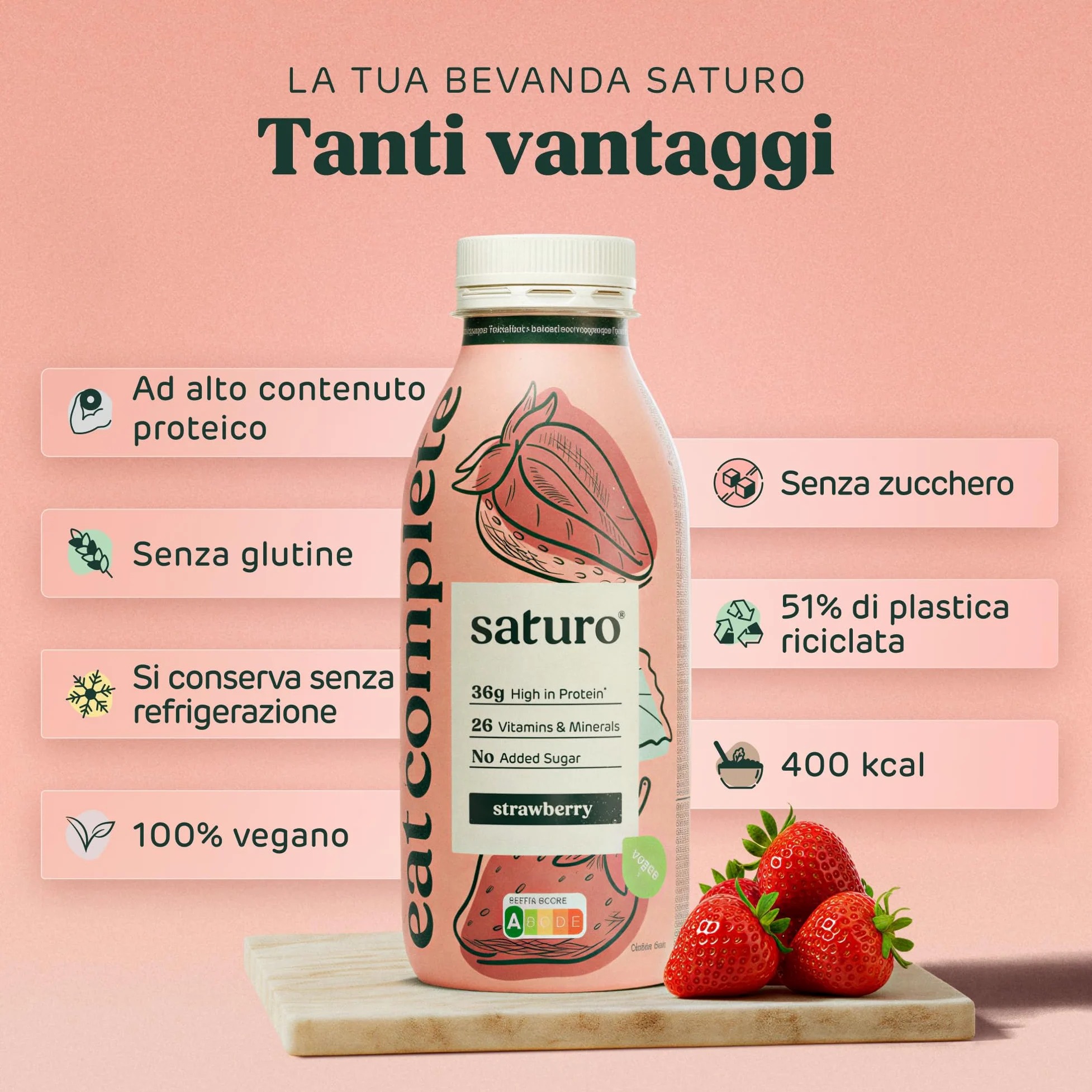Saturo Pasto Sostitutivo Frullato Gusto Strawberry | 36 g di proteine & senza zucchero | 400 kcal | Vegano | Pasto Bevibile con Nutrienti Essenziali | Fragola | 6 x 400 ml