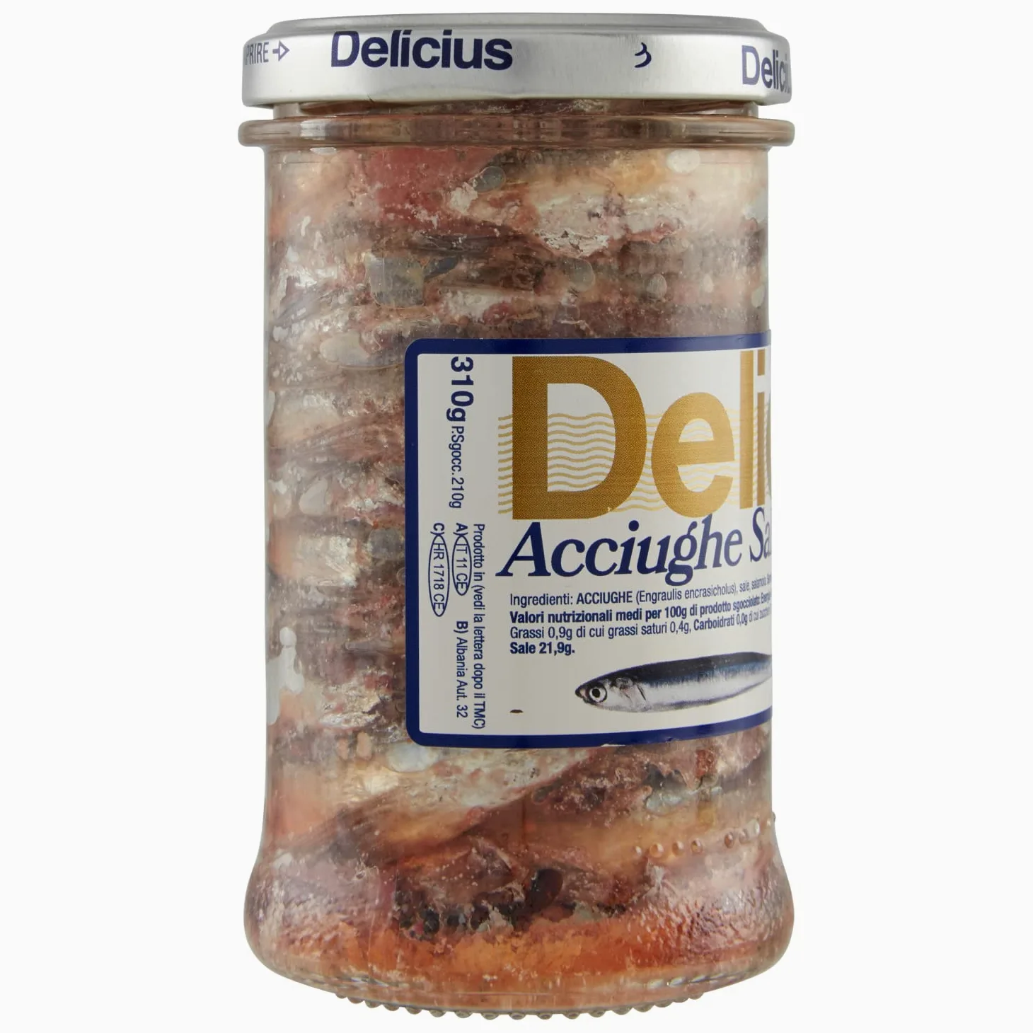 Delicius Vaso di Acciughe Salate, 310g (6 pezzi)
