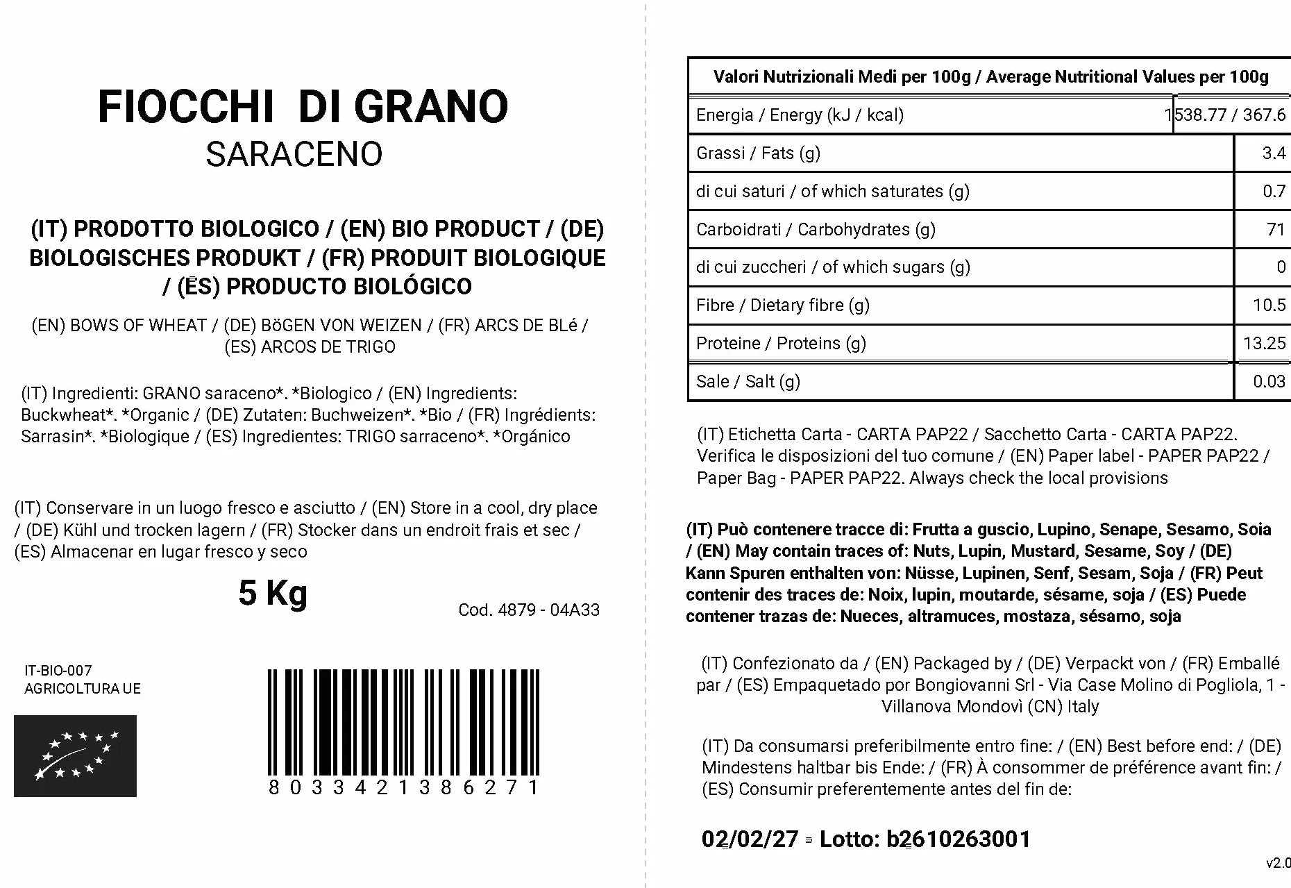 BONGIOVANNI FARINE E BONTA' NATURALI Fiocchi di Grano Saraceno - 5Kg
