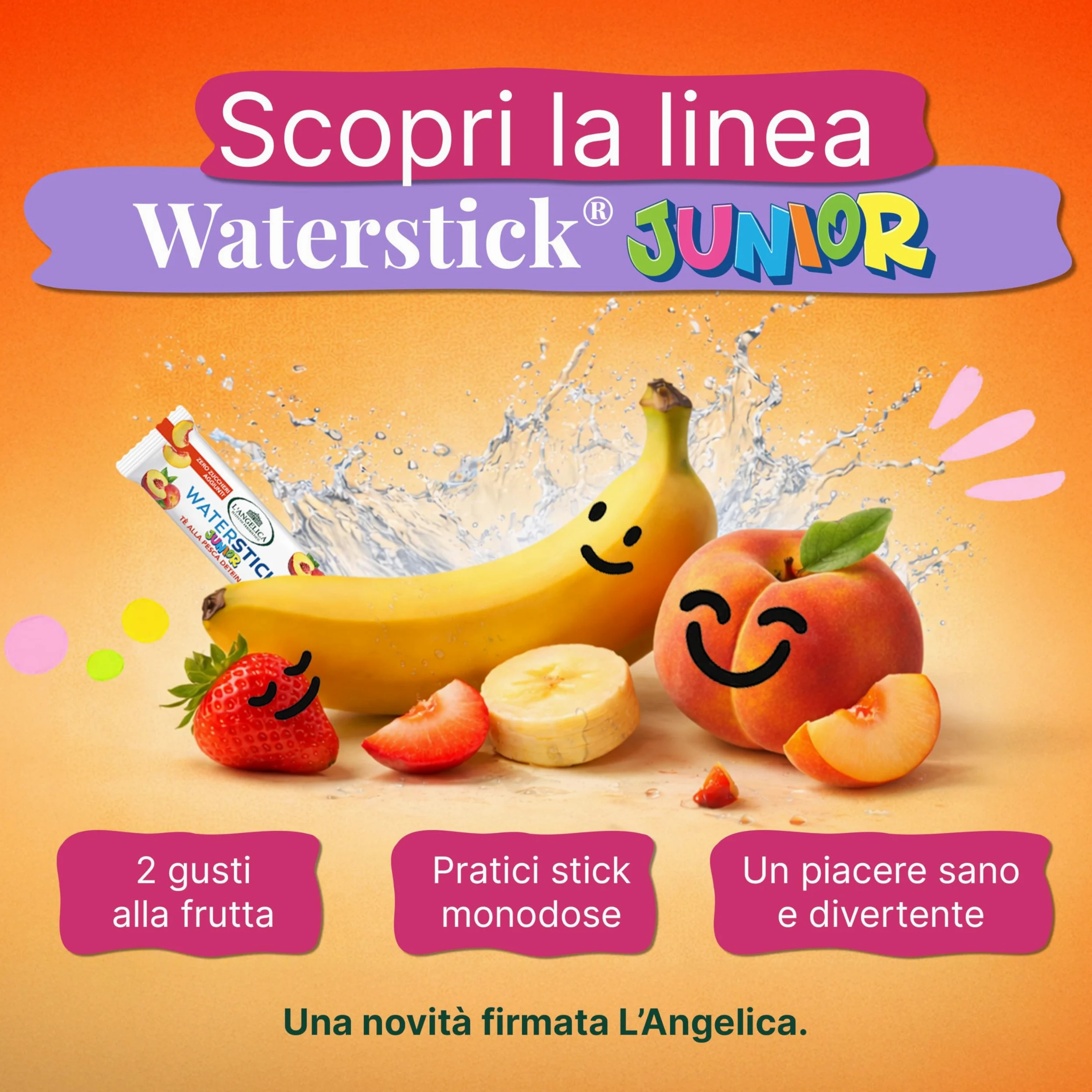 L'Angelica, Waterstick Junior, Gusto Fragola e Banana, Con Frutta, Vitamine, Zero Zuccheri Aggiunti, 6 Astucci da 12 Stick