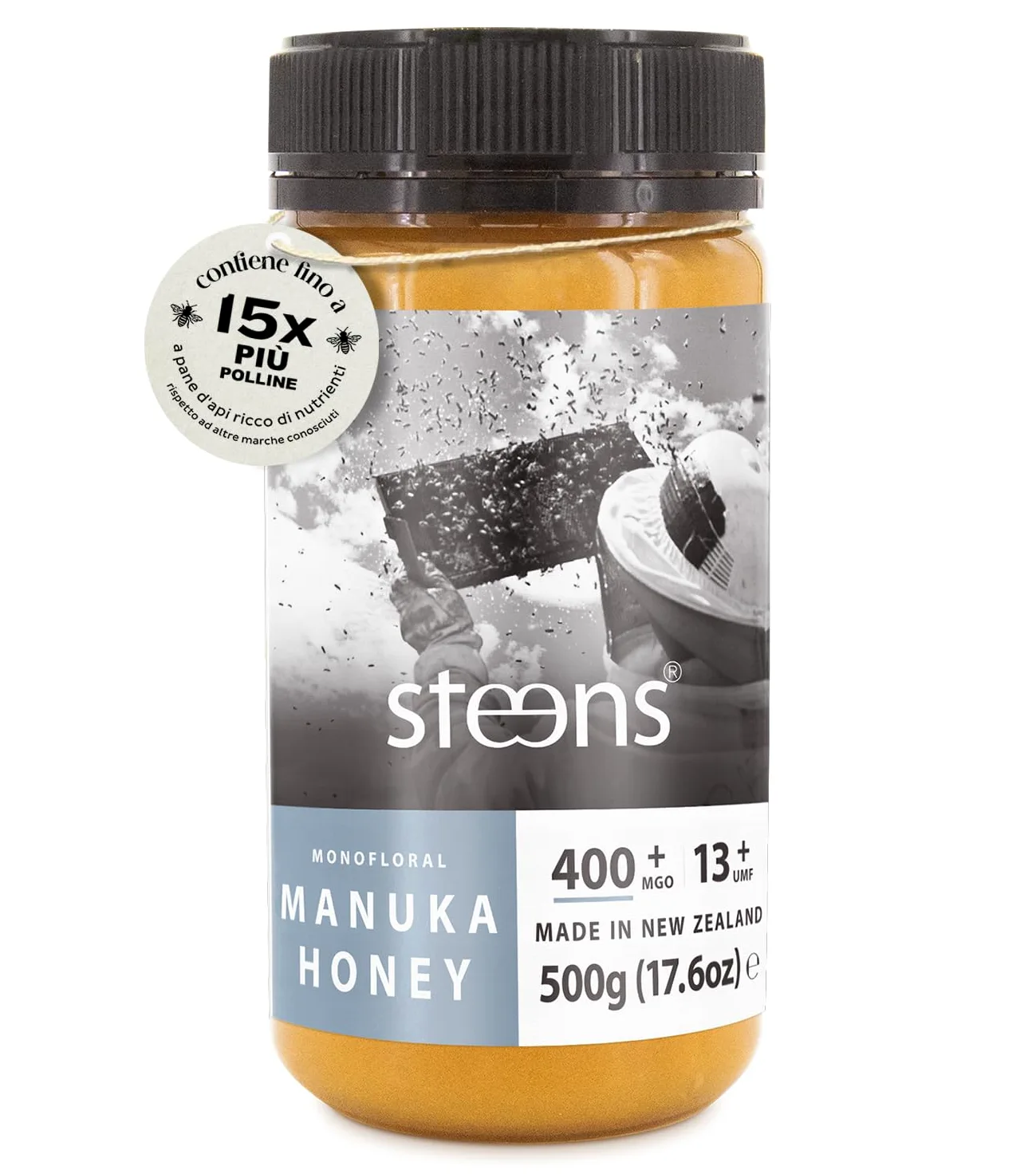 Steens Miele di Manuka - MGO 400+ - Puro Miele Manuka grezzo 100% certificato UMF 13+ - Invasettato e sigillato in Nuova Zelanda - Manuka Honey - 500 g