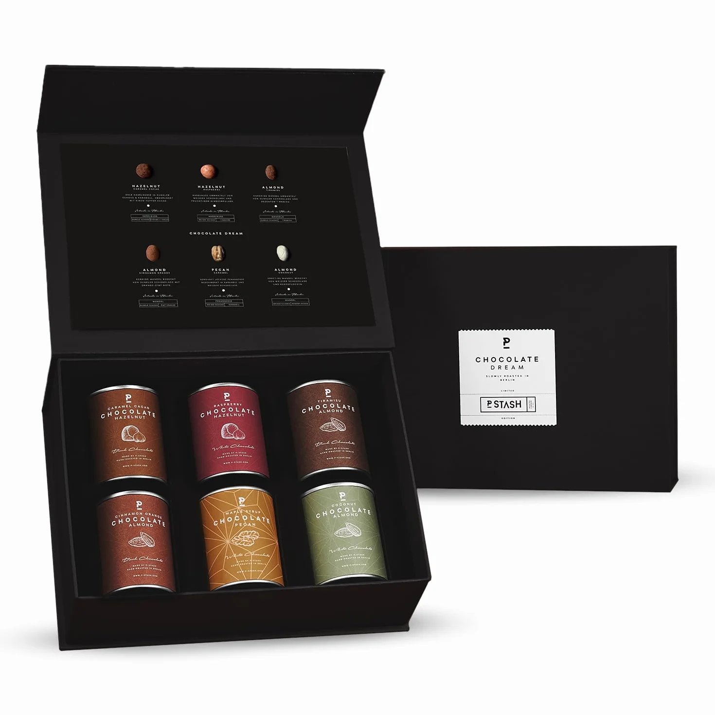 P-Stash Black Box Mix di Noci Chocolate Dream – Confezione da 6 – Pecan, Nocciole & Mandorle – Noci al cioccolato con spezie uniche, tostate a mano a Berlino