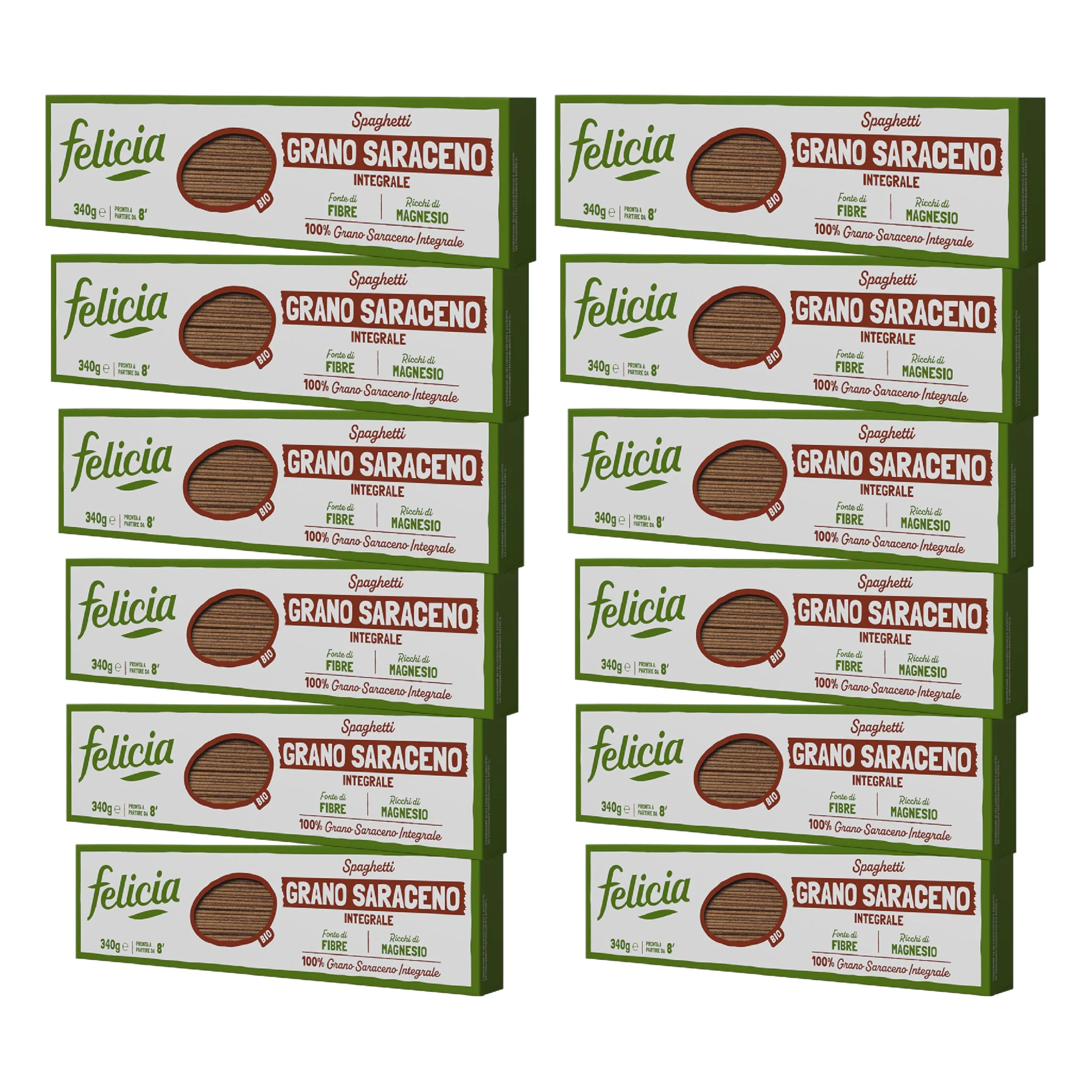 Felicia, Spaghetti di Grano Saraceno Integrale, Ricca di Magnesio, Ricca di Manganese, Fornte di Fibre, Senza Glutine, Bio, Vegan, Gusto Deciso, Box da 12 Confezioni