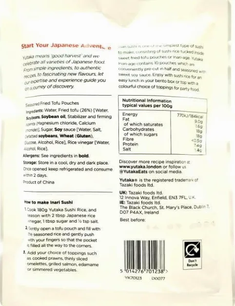Yutaka Inari - Buste per sushi e tofu fritto stagionato, 10 pezzi, 180 g (confezione da 2)