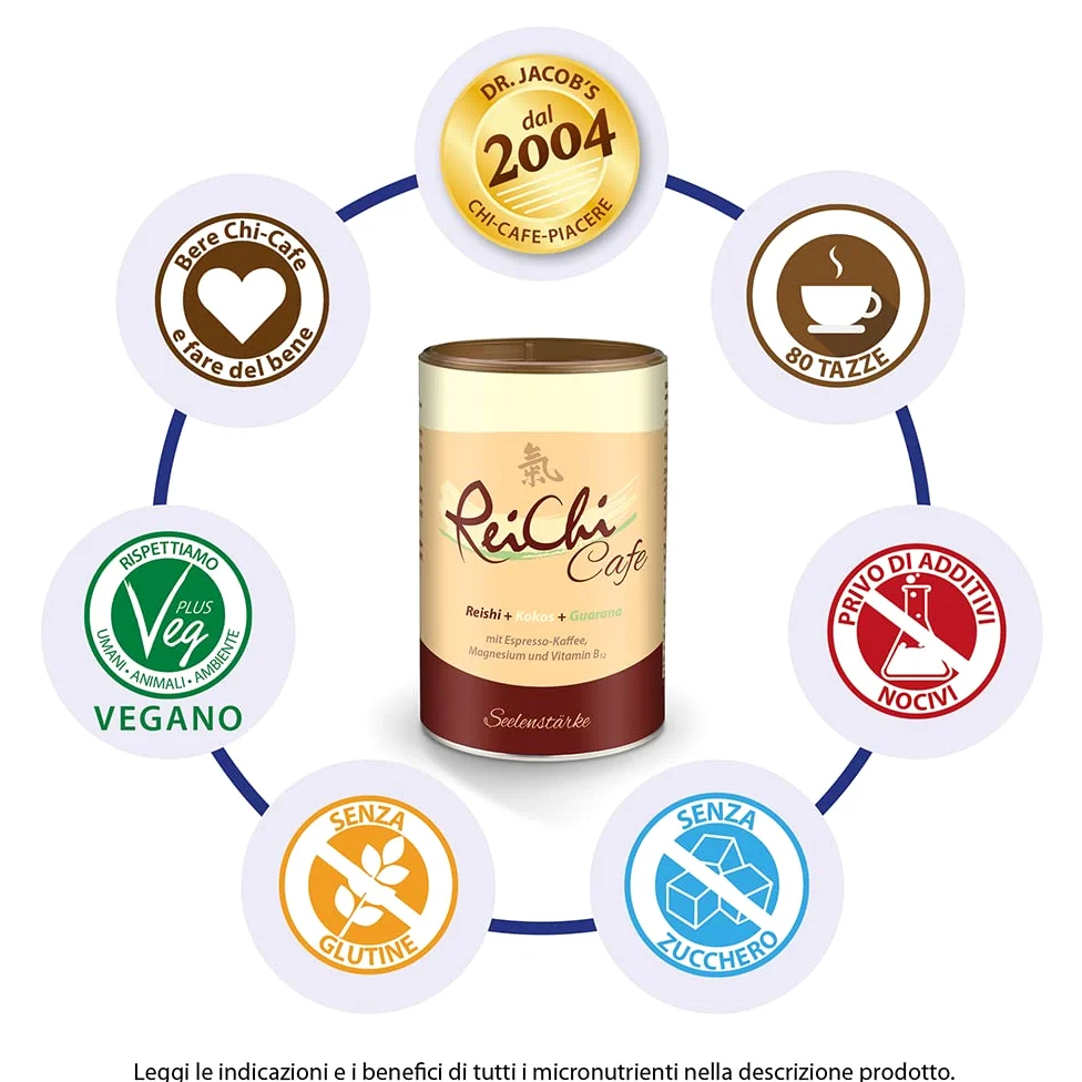 ReiChi Cafe I 400 g, 80 tazze I piacere del caffè esotico I funghi reishi, ginseng e cocco I caffeina da guaranà e caffè I magnesio + B12 I nervi, meno stanchezza¹ I vegan, senza additivi