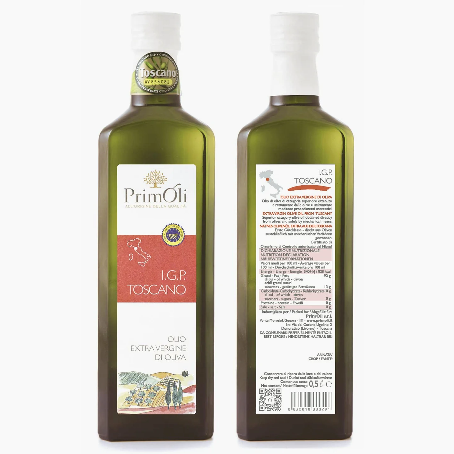Olio extra vergine d'oliva IGP Toscano PrimOli prodotto e imbottigliato in Toscana, fruttato pieno e persistente, ideale usato a crudo su zuppe rustiche, selvaggina e bruschette, 3x500 ml