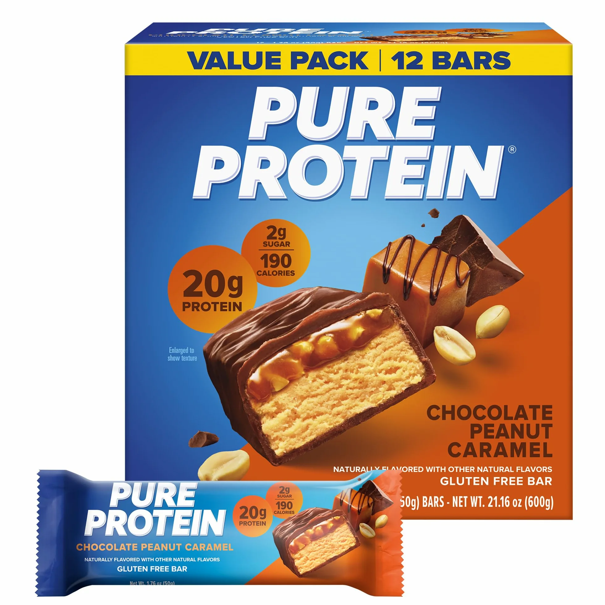 Pure Protein – Barrette Proteiche al Cioccolato, Arachidi e Caramello | Alto Contenuto Proteico, Senza Zuccheri Aggiunti | Snack Fit Ideale per Sportivi - Confezione da 12