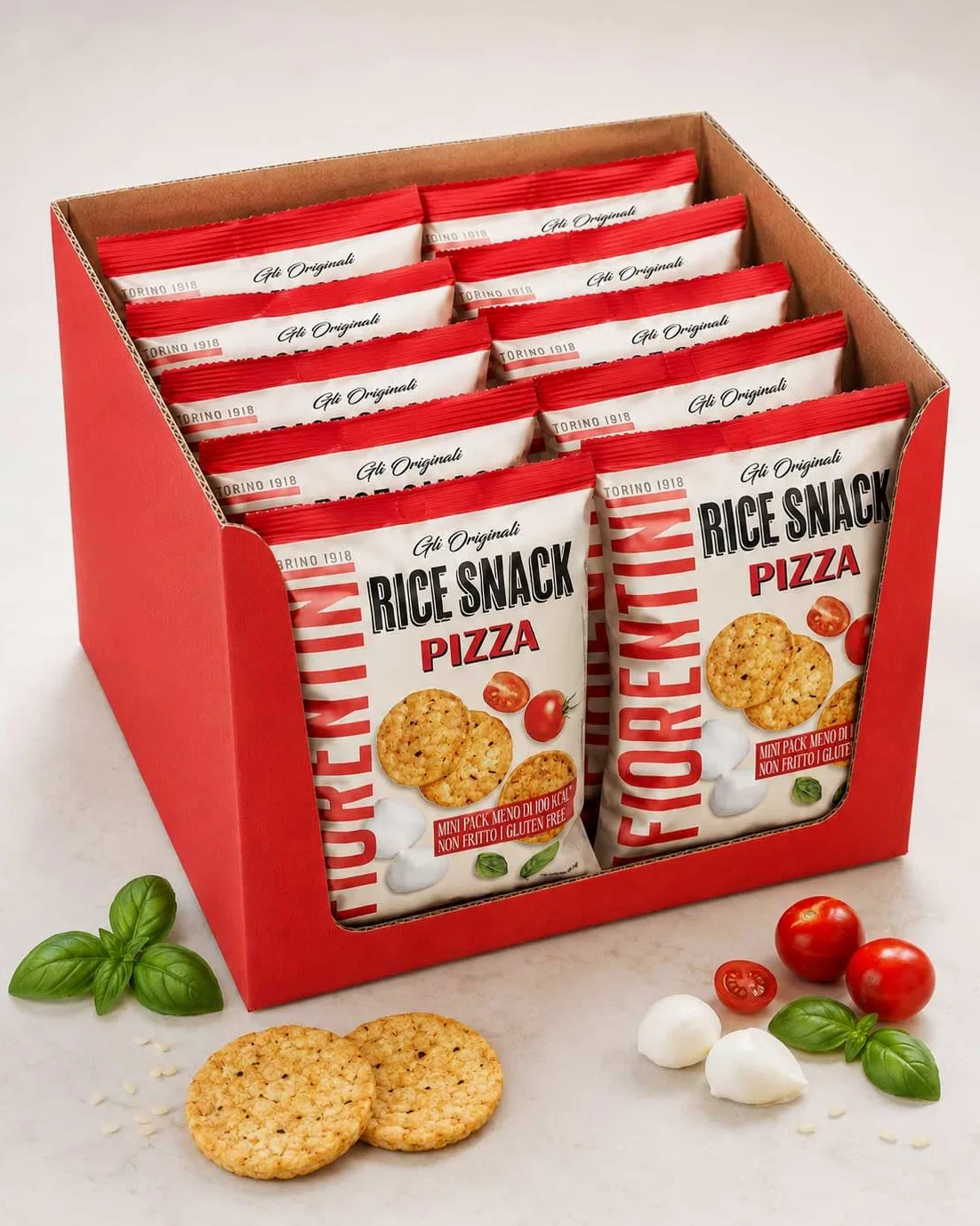 Rice Snack Pizza Mini Pack 20g per Fiorentini, Box con 12 Confezioni da 20g, Snack di Riso Croccanti Gusto Pizza, Senza Glutine, Non Fritti, Monoporzione per Aperitivo e Pausa Snack