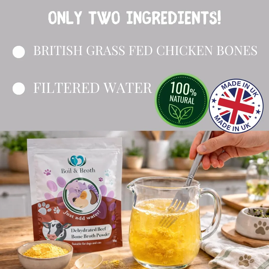 Brodo di manzo bollire e brodo per cani | 100% puro brodo proteico in polvere | Fino a 21 porzioni | Collagene bovino di tipo II | Ossa alimentate con erba britannica | Grado umano | Anca e