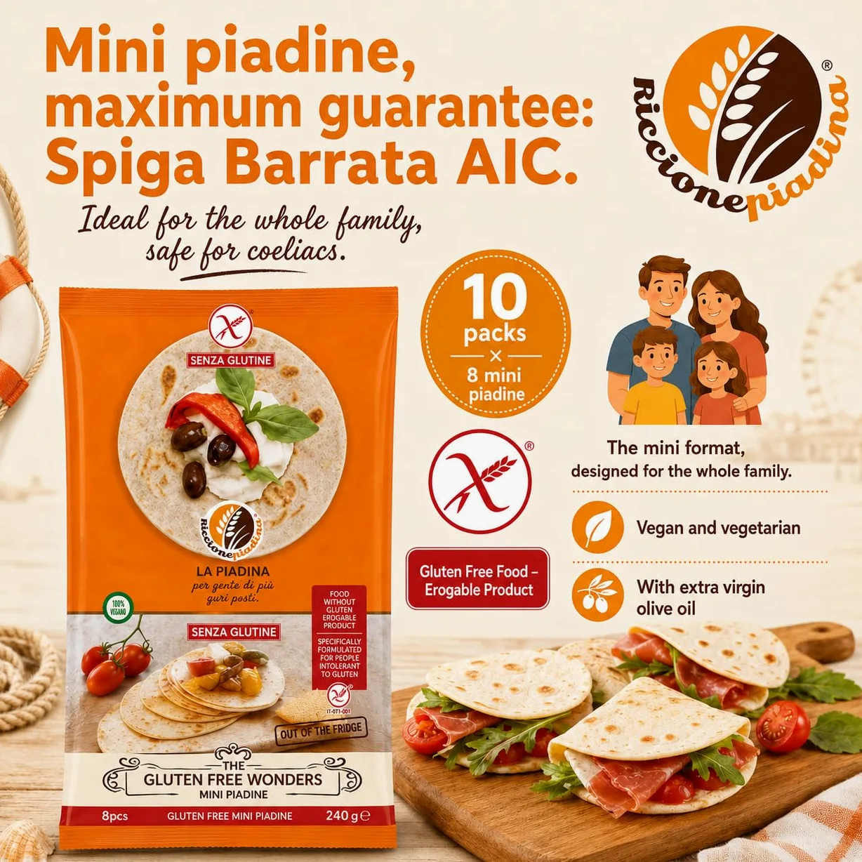 Riccione Piadina Le Meraviglie Senza Glutine Mini Piadine Fuori Frigo - 10 Confezioni da 8 Mini (240 g) - Vegane, con Olio Extravergine, Marchio Spiga Barrata AIC