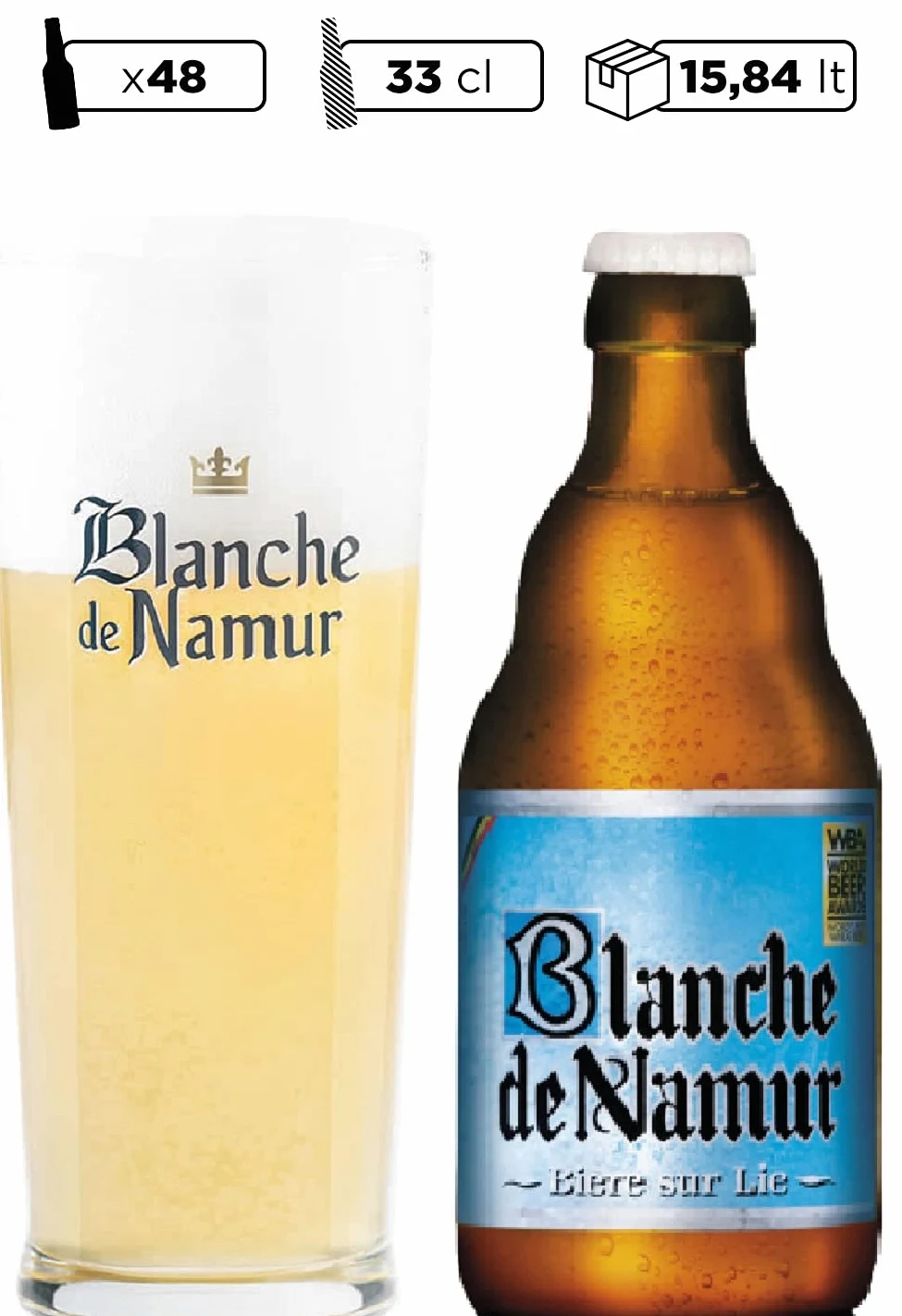 Blanche de Namur 48 Bottiglie Birra 33 cl Belgio Luppolo Malto Birra Bianca, Birra Blanche de Namur 48 Bottiglie - 15,84 Litri