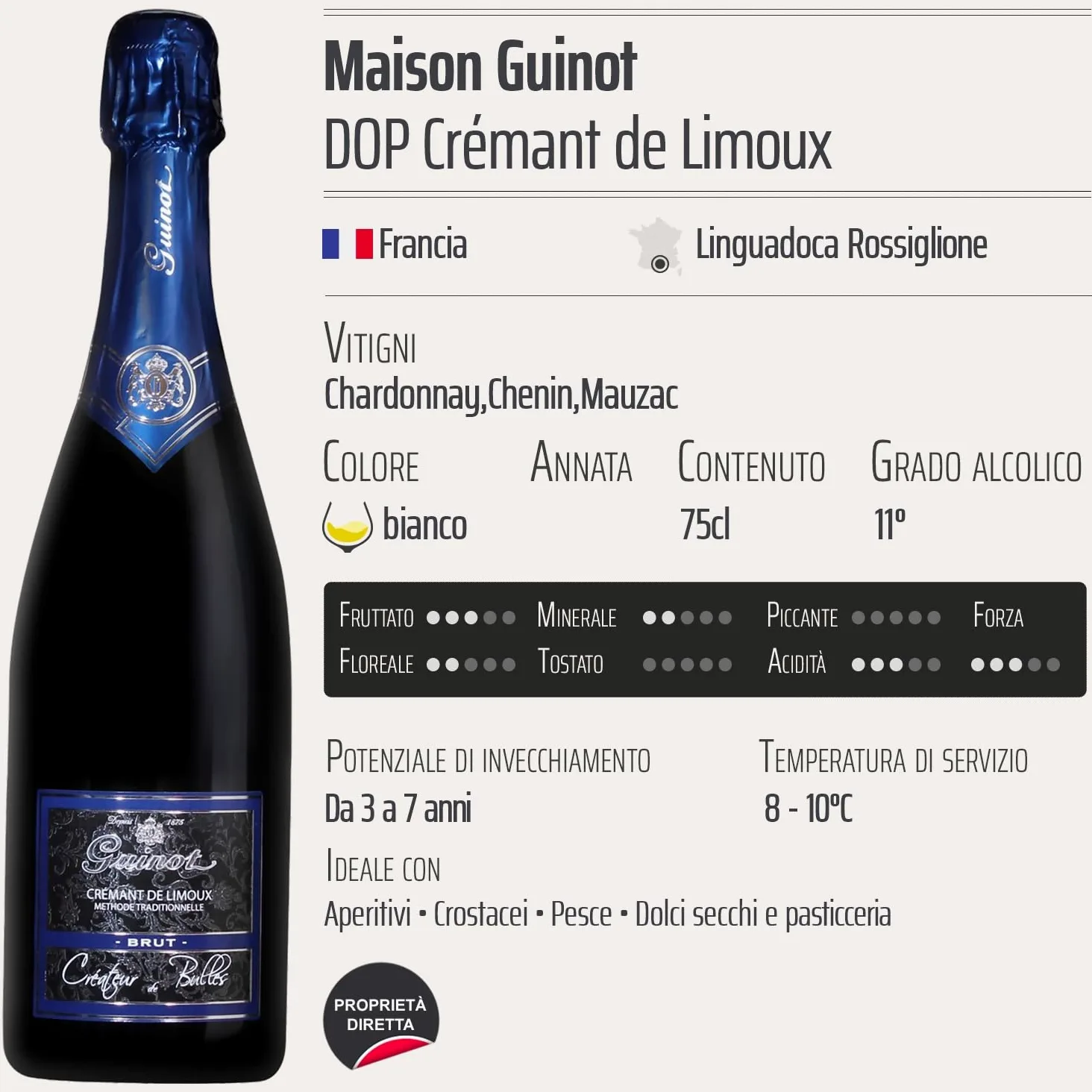 Crémant de Limoux Crémant Guinot Brut bianco - Maison Guinot - DOP - Linguadoca Rossiglione - Francia - Vitigni Chardonnay,Chenin,Mauzac - 6x75cl