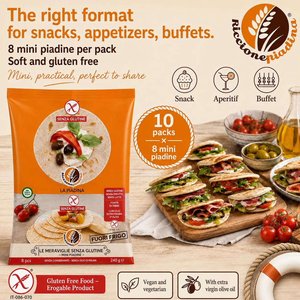Riccione Piadina Le Meraviglie Senza Glutine Mini Piadine Fuori Frigo - 10 Confezioni da 8 Mini (240 g) - Vegane, con Olio Extravergine, Marchio Spiga Barrata AIC