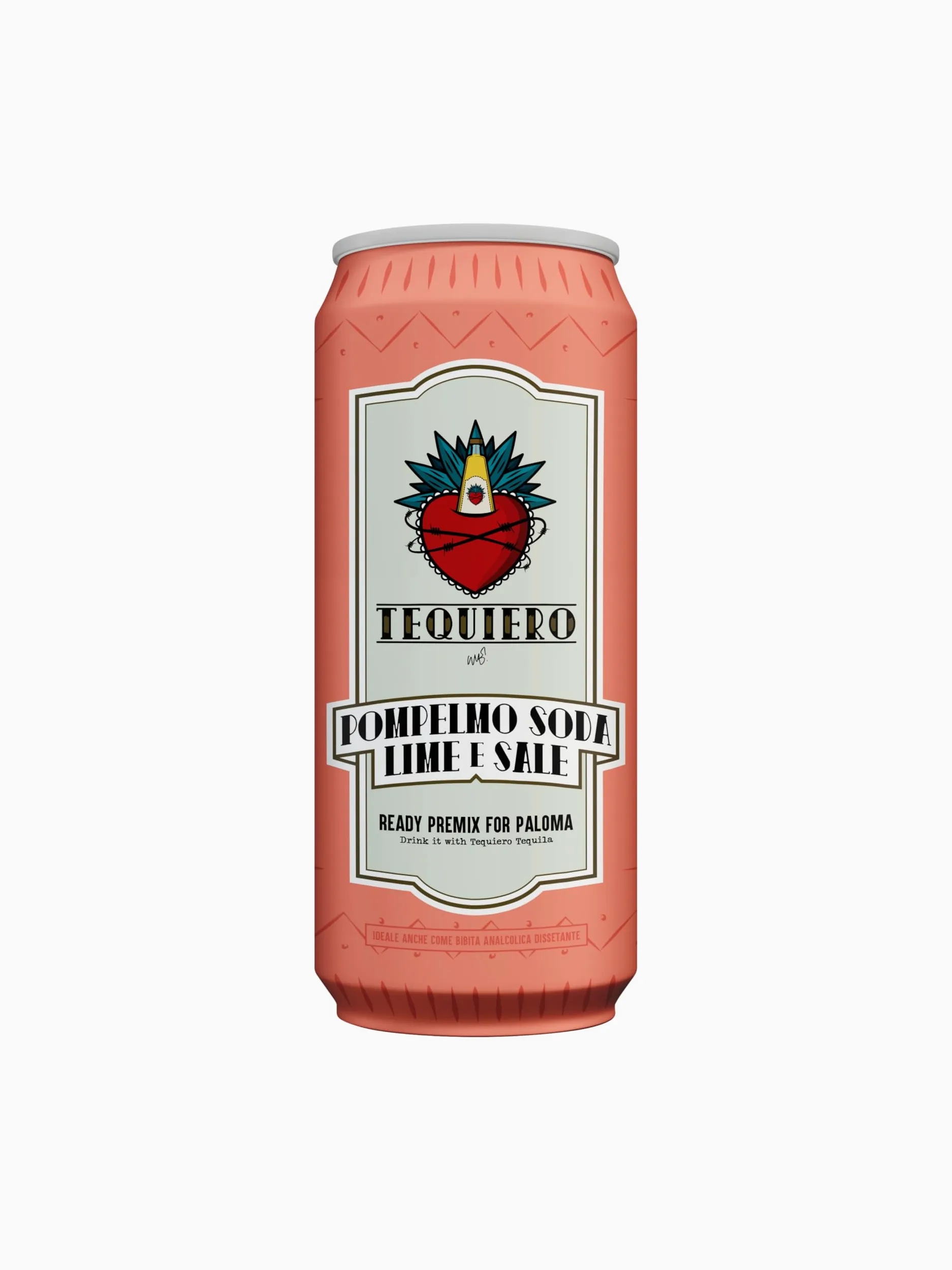 Tequiero Soda Pompelmo, Lime e Sale. Tequiero Paloma Premix. Bevanda agrumata con pompelmo rosa. Analcolico. Note fresche e floreali. Lattina da 250ml - Pack da 24 lattine.