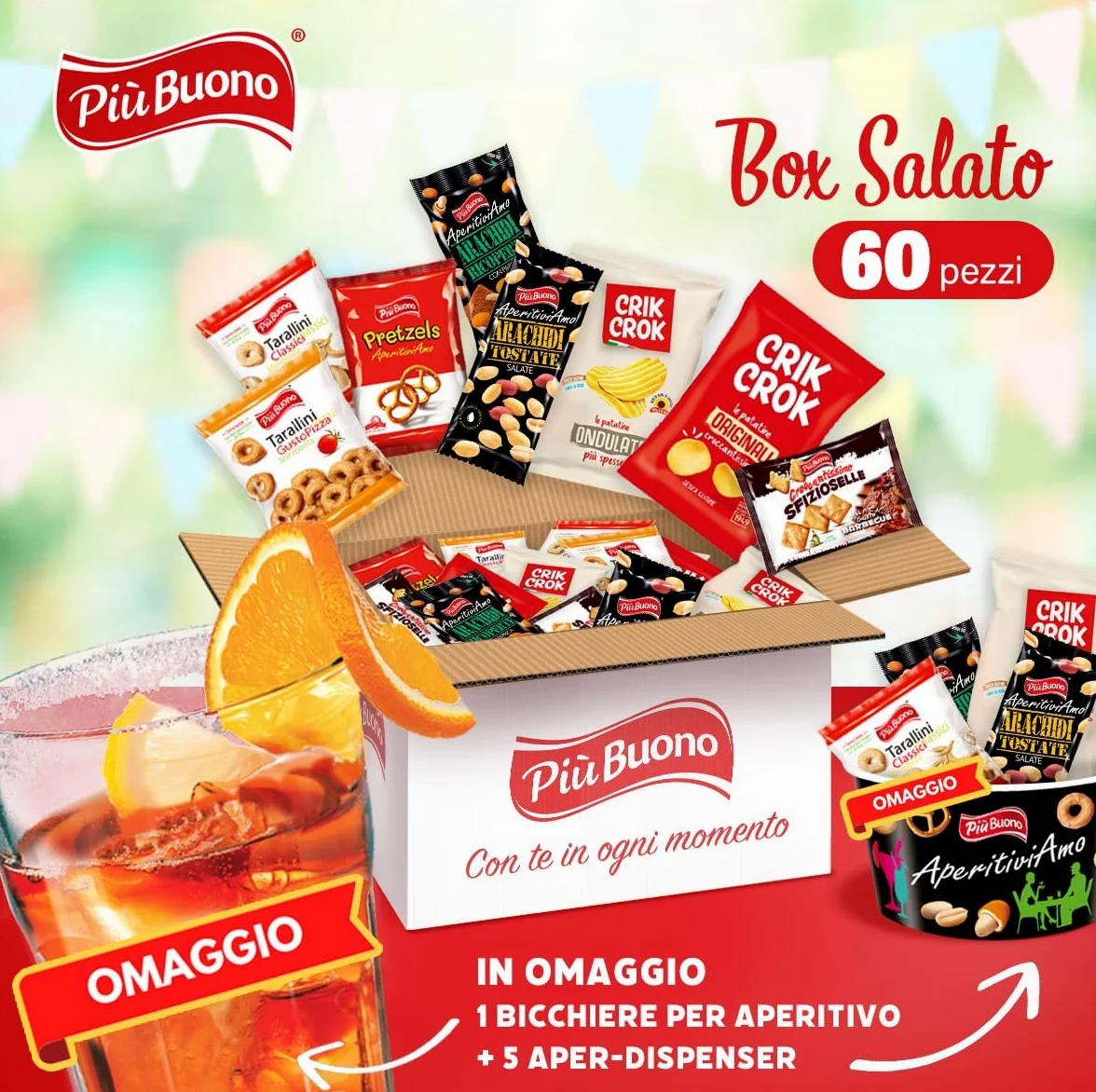 Più Buono Box aperitivo salato 60 PEZZI Tutto rigorosamente MONOPORZIONATO ciotole e bicchiere in vetro in omaggio