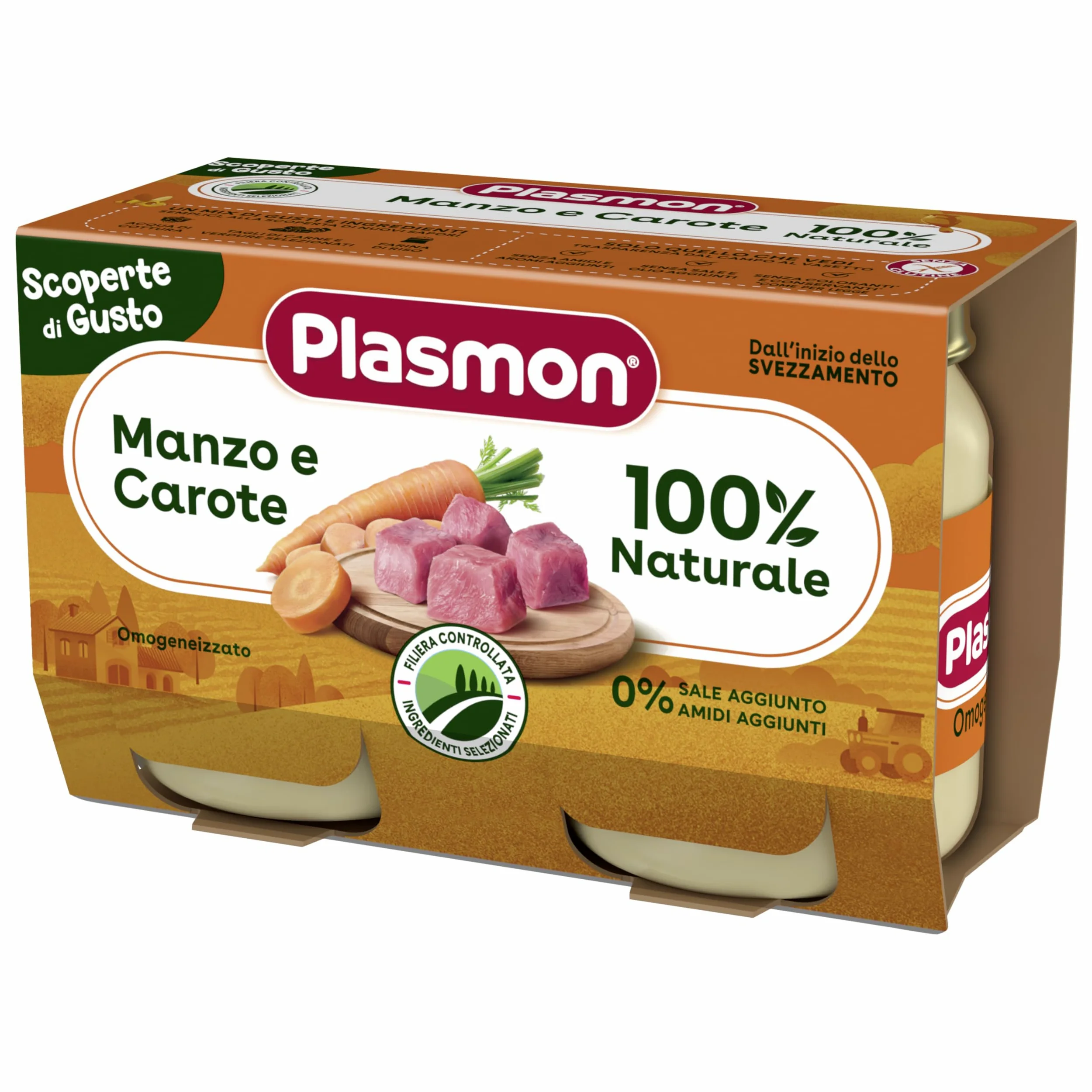 Plasmon Omogeneizzato Scoperte di Gusto Manzo e carote, 2x120g (12 Confezioni)