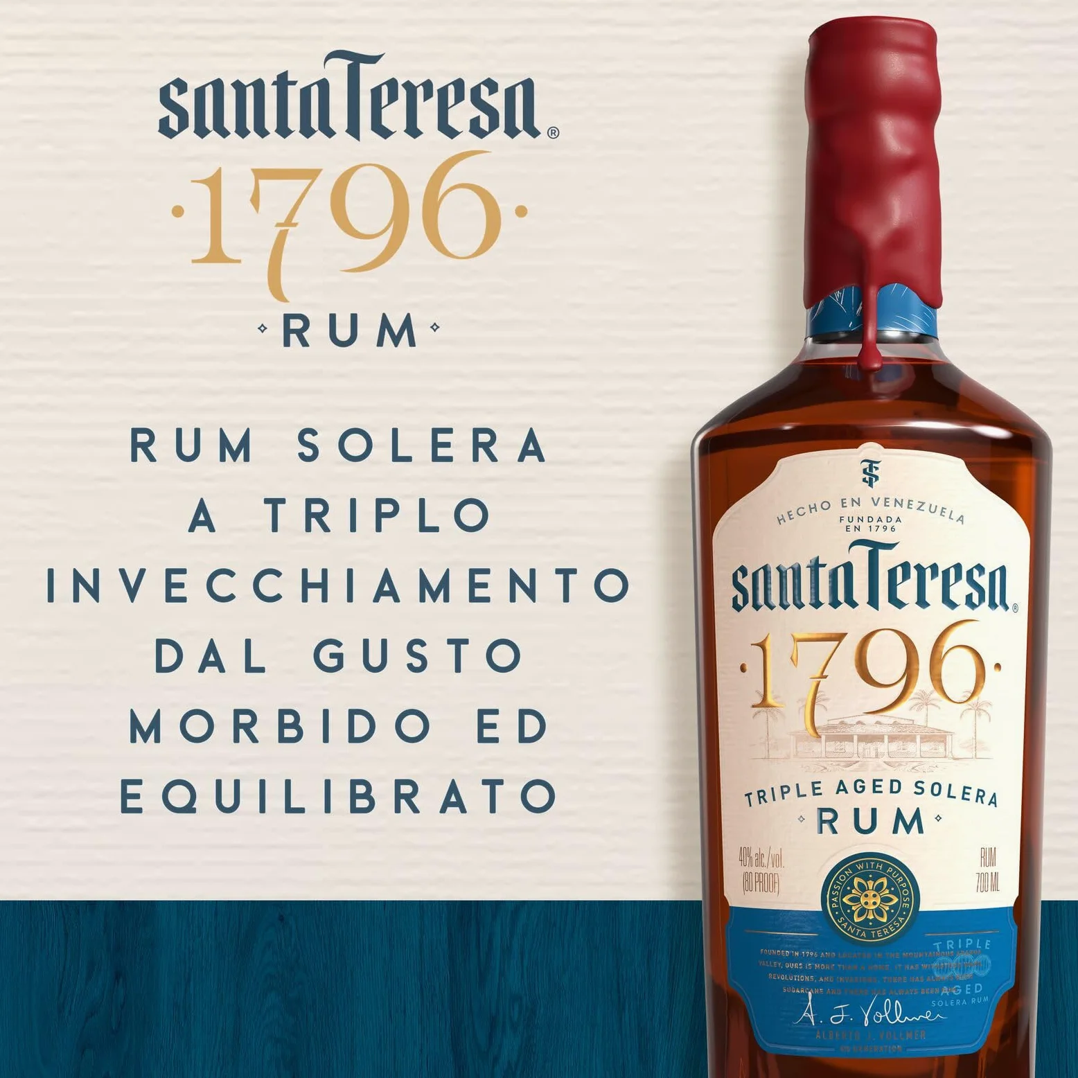 Rum Solera a triplo invecchiamento Santa Teresa 1796, Vol. 40%, 70 cl / 700 ml, Pregiato rum scuro Single Estate venezuelano affinato in botti di rovere