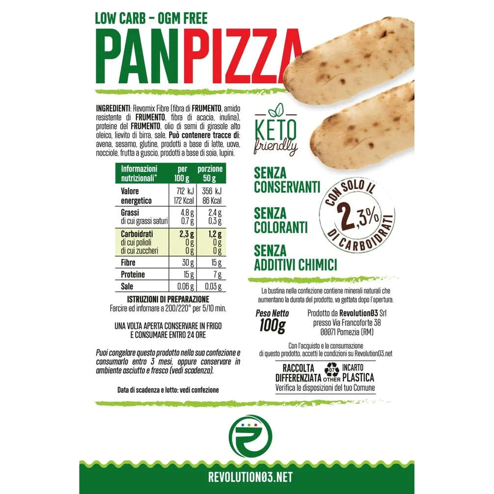 RevoPanPizza Keto Low Carb, Panpizza Cheto Proteica 50g, Solo 2.3% Carboidrati, Senza Conservanti e Coloranti, OGM Free - 4 Confezioni da 2 PanPizza ciascuna - 1 PanPizza da 50g
