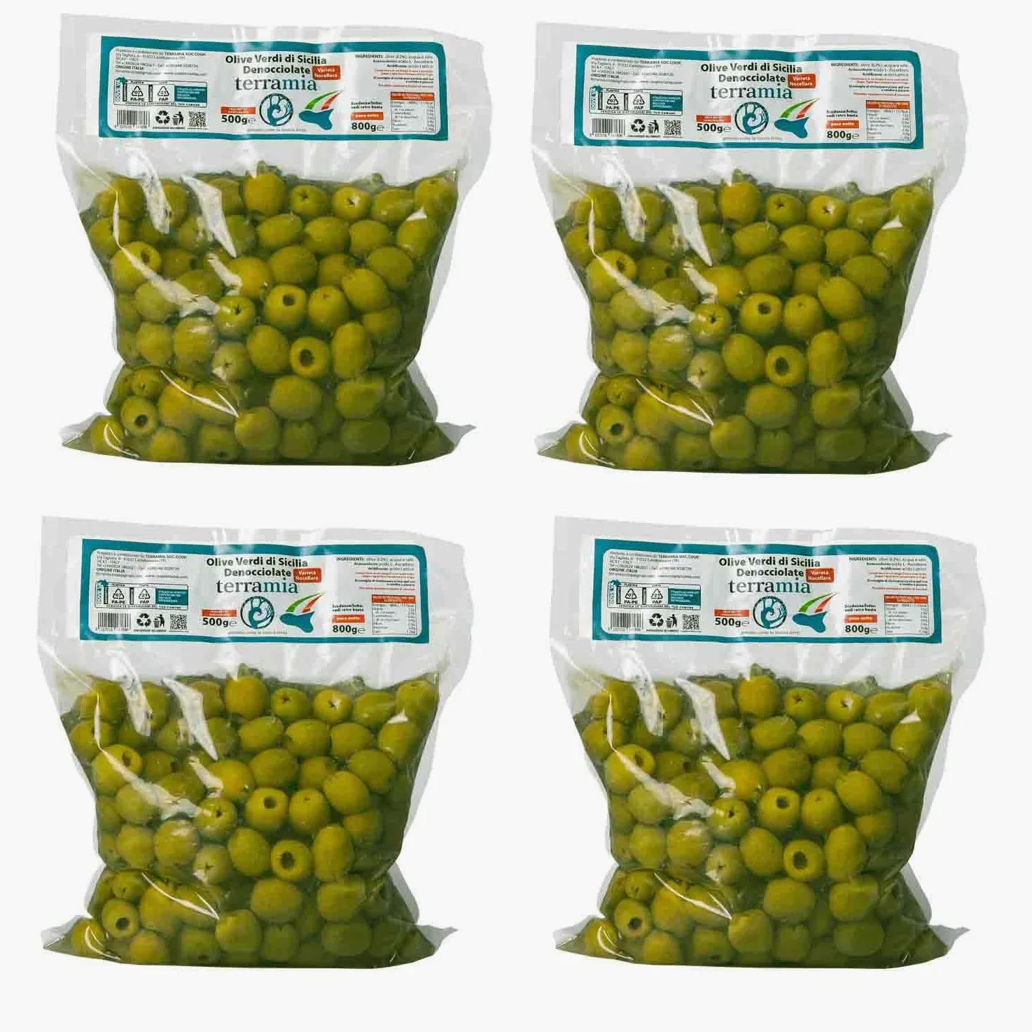Terramia Olive Verdi Dolci di Sicilia "Nocellara" Denocciolate in Salamoia – Prodotto Artigianale da Azienda Premiata Ercole Olivario e Monna Oliva, Formato Scorta 2kg (4 Buste x 500g)